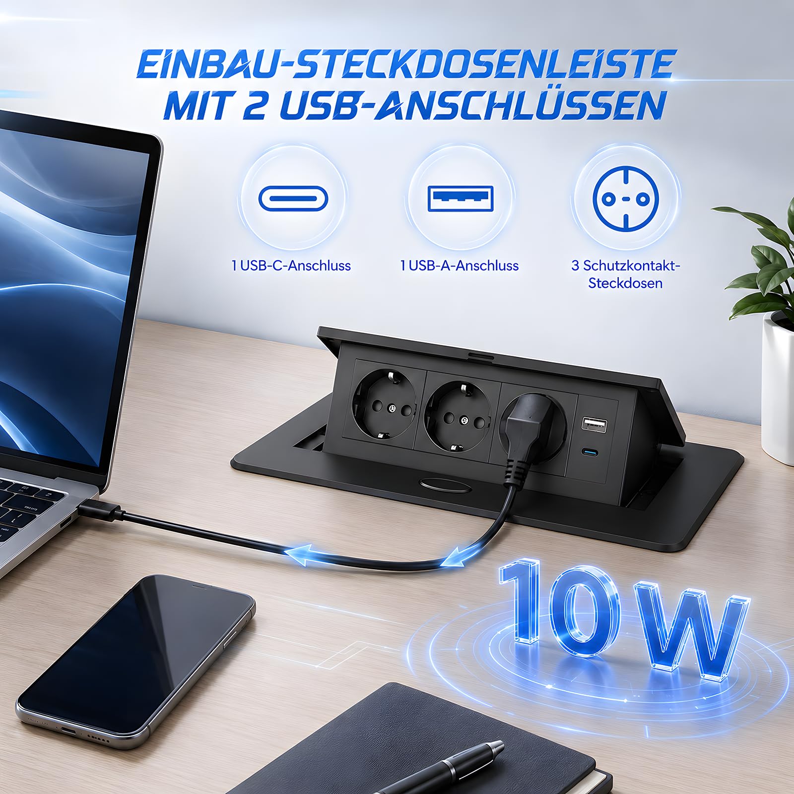 Versenkbare Steckdose, Steckdosenleiste Versenkbar mit 3 Steckplätzen, USB-C & USB-A Ports Aluminium Einbausteckdose Tischsteckdose Mehrfachsteckdose mit 1.8M Kabel für Küche Büro