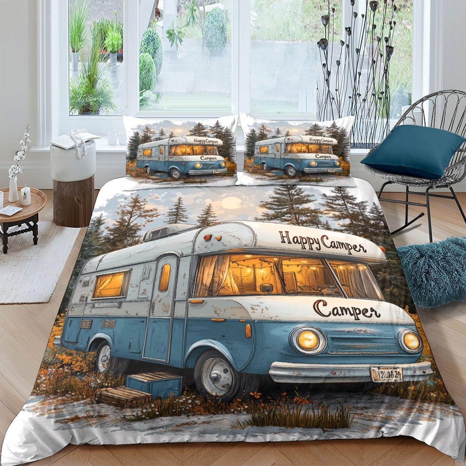 Ctjqhvkz Style-8 3D Printed Vintage Camper Fitted Sheet Microfiber Soft Breathable Forest Landscape Bed Cover For Bedroom Dorm Mattress Decor Single（135X200cm）