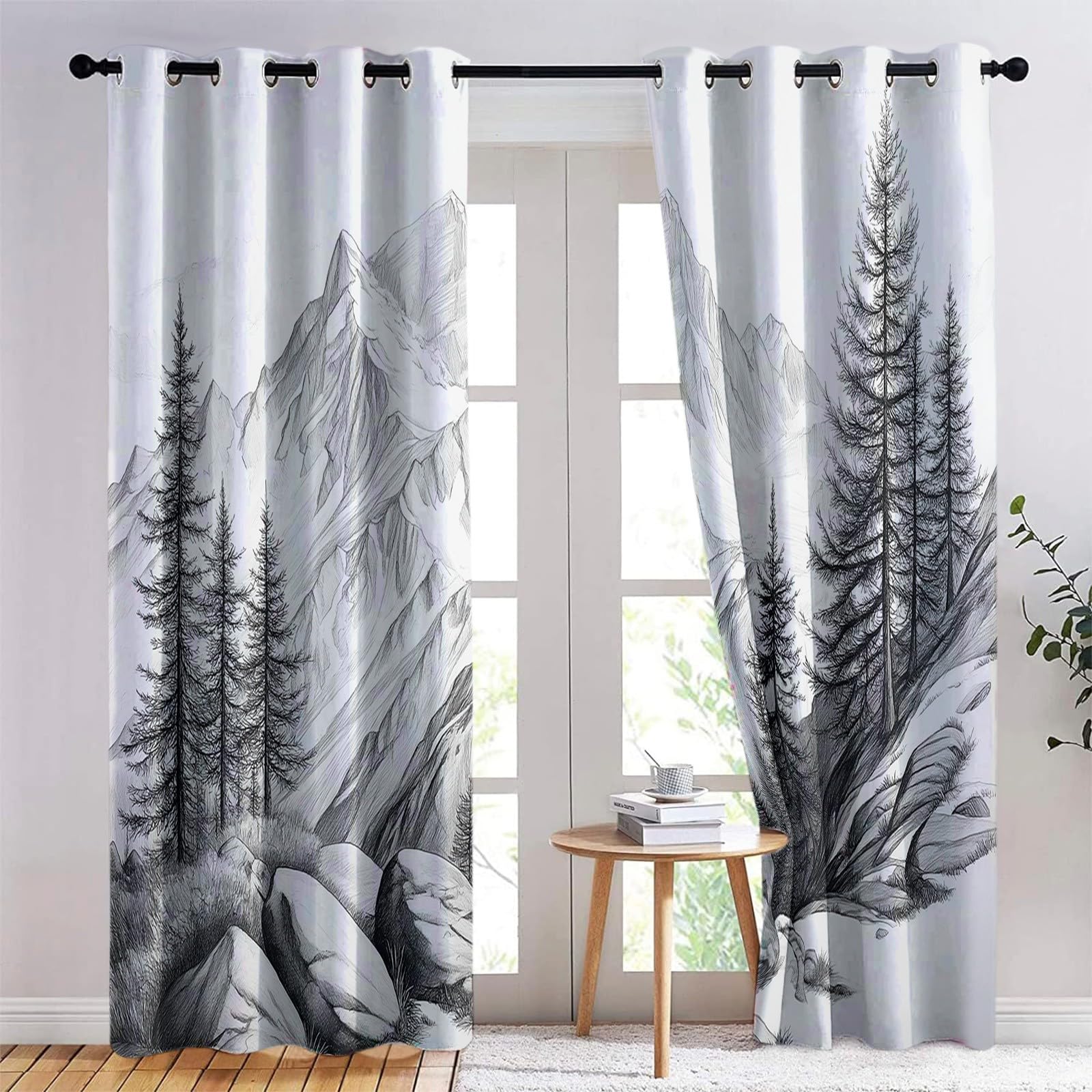 Cortinas Opacas para Niños Dibujo a lápiz una montaña Suiza, Cortinas Térmicas Aislantes Frío Calor Reduccion Ruido Proteccion Intimidad para Hogar Dormitorio Infantil, 2x140x245 cm