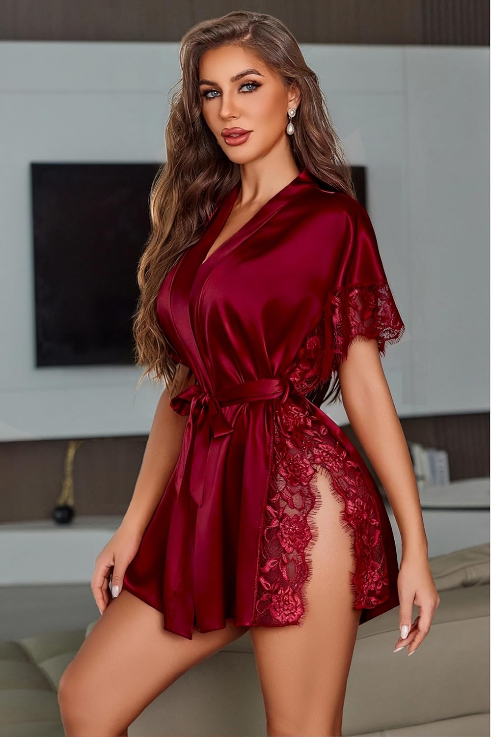 Avidlove Women Lingerie Robe Satin Sleepwear Eyelash Lace Kimono Side Split Sexy Silk Robes - Image 5