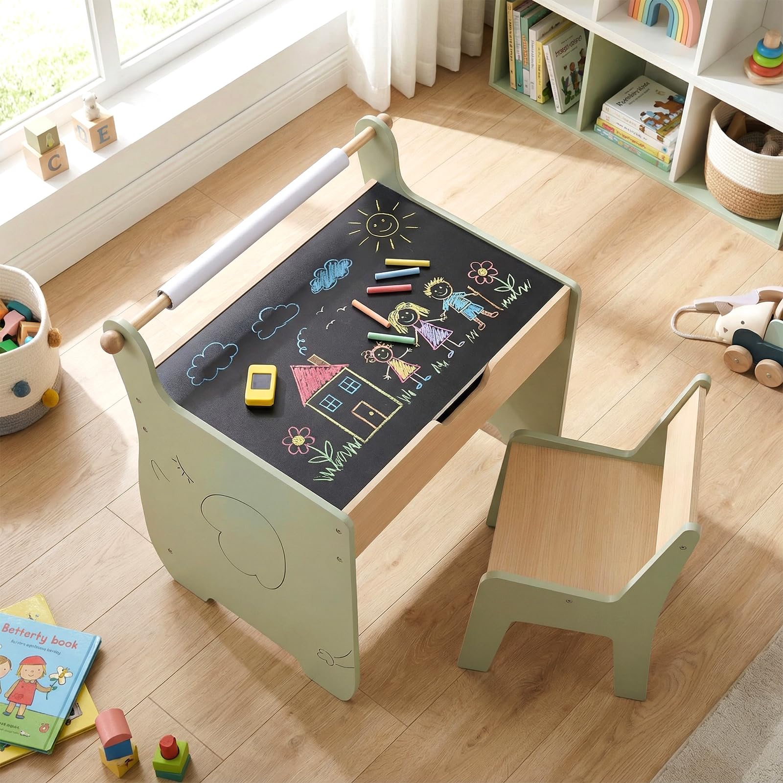 COSTWAY 4 en 1 Table Enfant avec Chaise en Forme d'Eléphant, Table et Chaise en Bois avec Tableau Amovible & Porte-Rouleau de Papier, Charge 40/100 kg