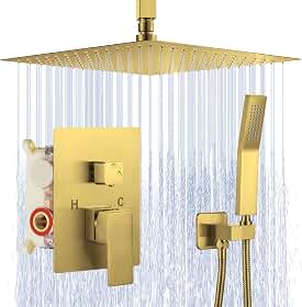 Sistema De Chuveiro De 12" Em Dourado Escovado, Chuveiro De Teto De Alta Pressão Com Ducha Manual, Conjunto De Chuveiro De Luxo Banheiro Em Dourado, Conjunto De Torneira Para Chuveiro, Válvula