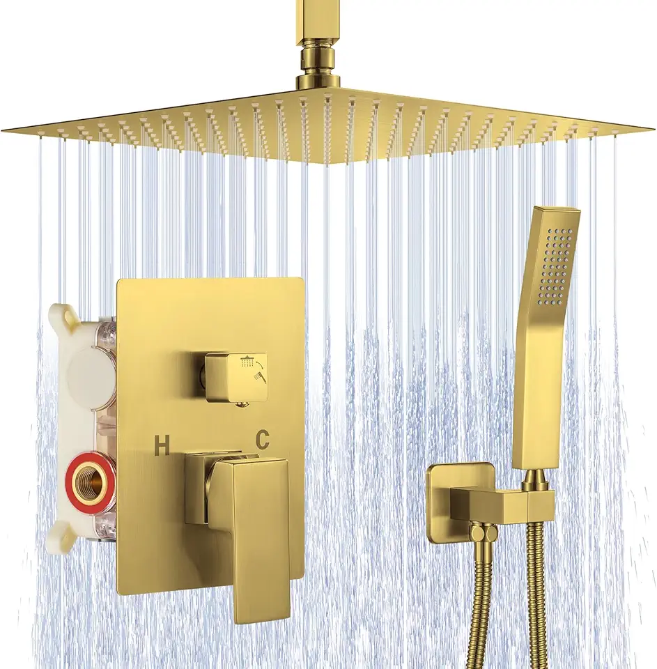 Sistema De Chuveiro De 12" Em Dourado Escovado, Chuveiro De Teto De Alta Pressão Com Ducha Manual, Conjunto De Chuveiro De Luxo Banheiro Em Dourado, Conjunto De Torneira Para Chuveiro, Válvula