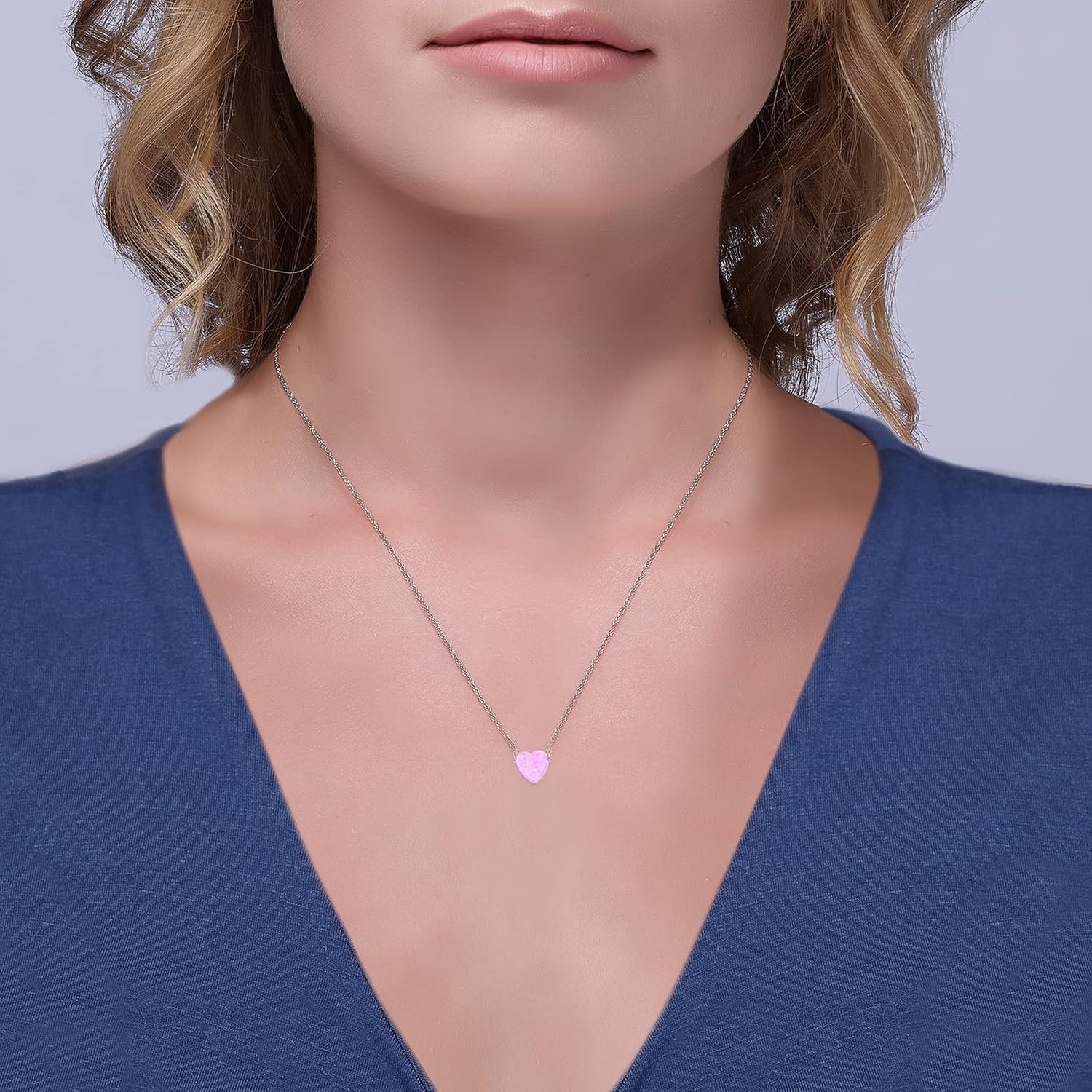 AVORA 925 Sterling Silver Simulated Pink Opal Heart Pendant Necklace with 15" Chain