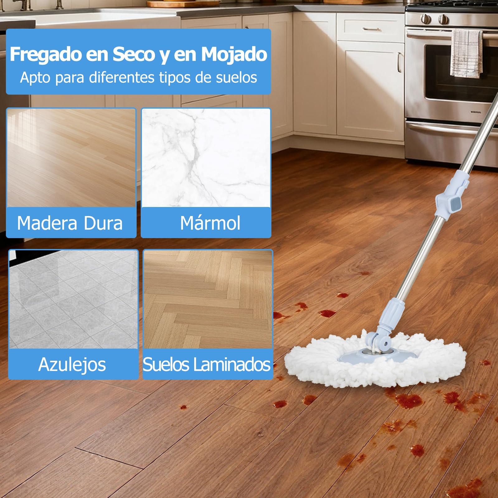 COSTWAY Mopa Fregona con Cubo Escurridor, Juego de Fregona y Cubo con Diseño de Tanque Dual, 1 Fregona Rectangular y 1 Redonda con 2 Almohadillas de Microfibra, Sistema de Limpieza de Suelos, Azul