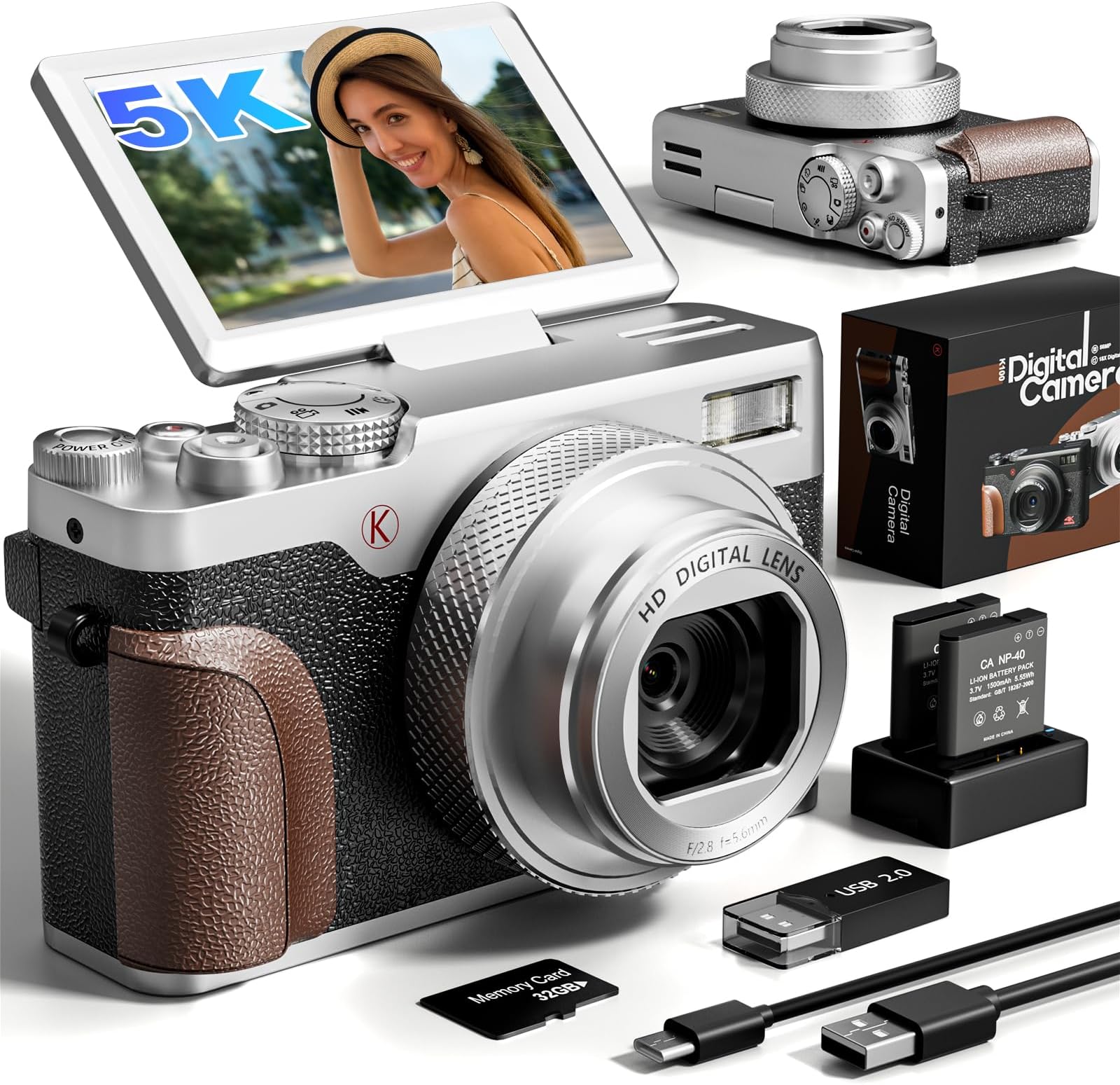 Digital Camera, 64MP Cameras for Photography, 5K Vlogging Camera for YouTube, 180°Flip Screen Digital Point and Shoot Camera with 18X Zoom, Compact Camera for Beginner with 32GB SD Card(2 Batteries)