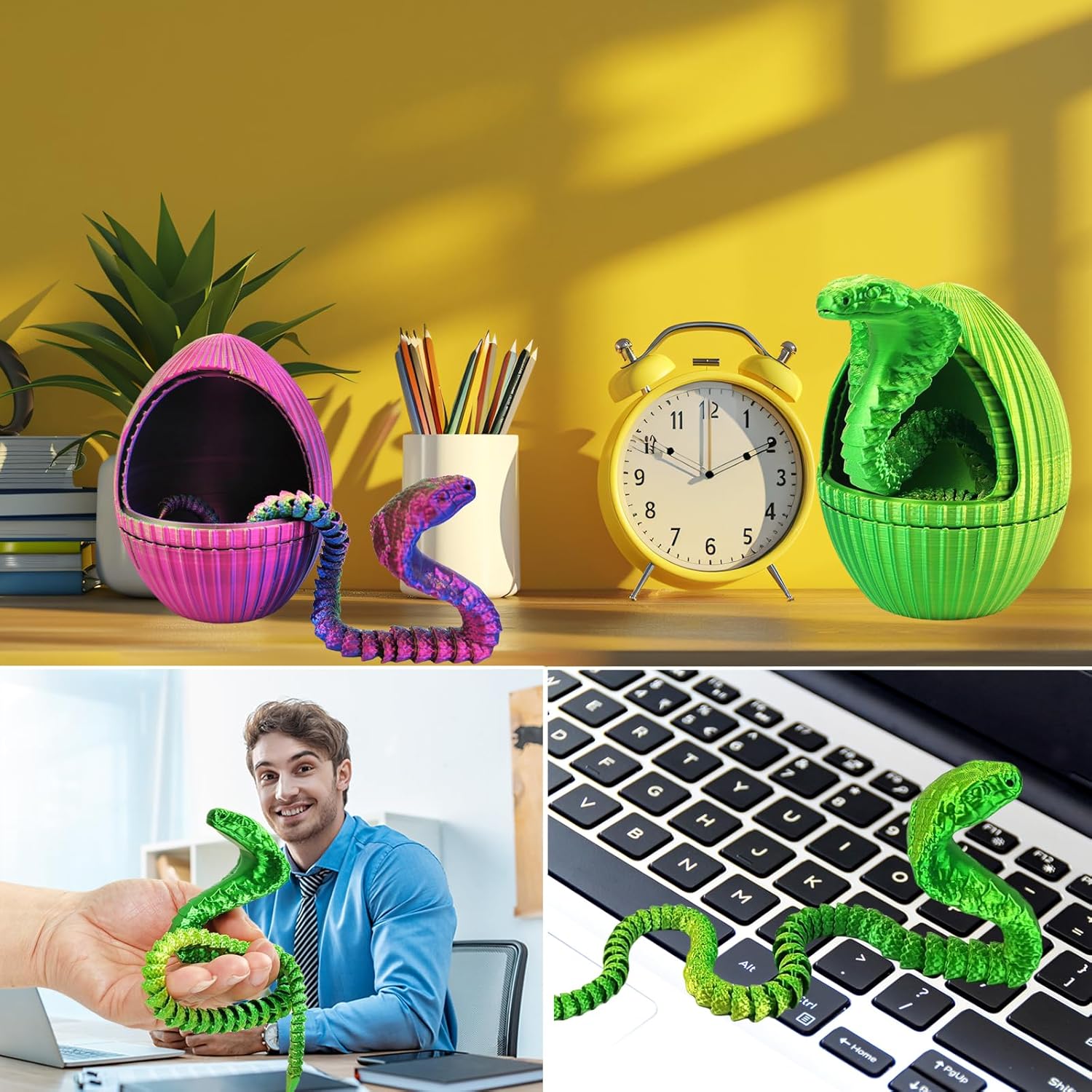 3D Printed Snake Eggs with 3D Printed Snake Inside, Cute Rotary Gear Eggs with 3D Printed Crystal Fidget Snake Animals Inside, Home Office Decor Executive Desk Crystal Cobra Toys（Yellow Green）