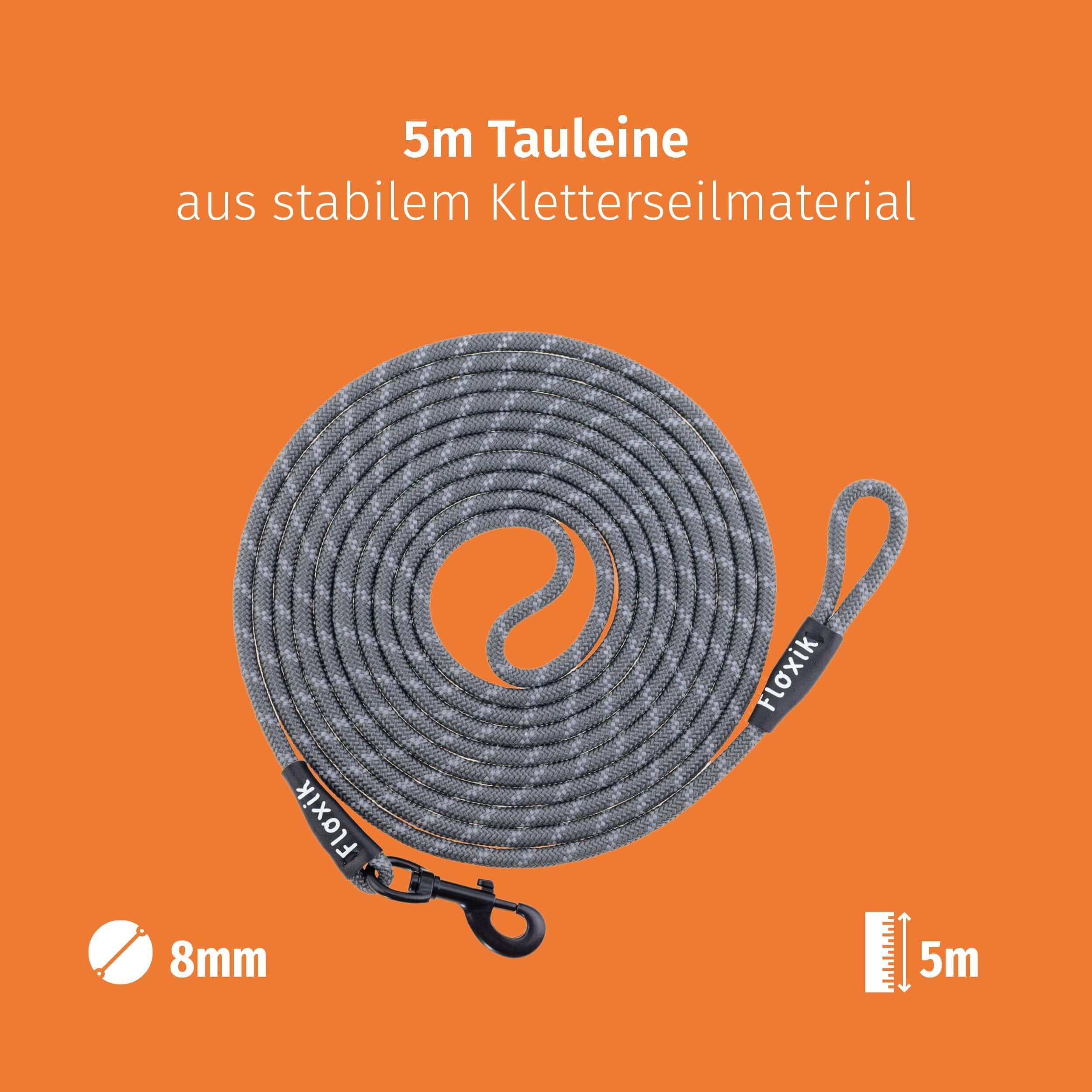 Floxik Schleppleine für Hunde | 5m, 10m, 15m, 20m grau | reflektierende Tauleine mit Abnehmbarer Handschlaufe | auch optimal als Trainingsleine für Welpen geeignet