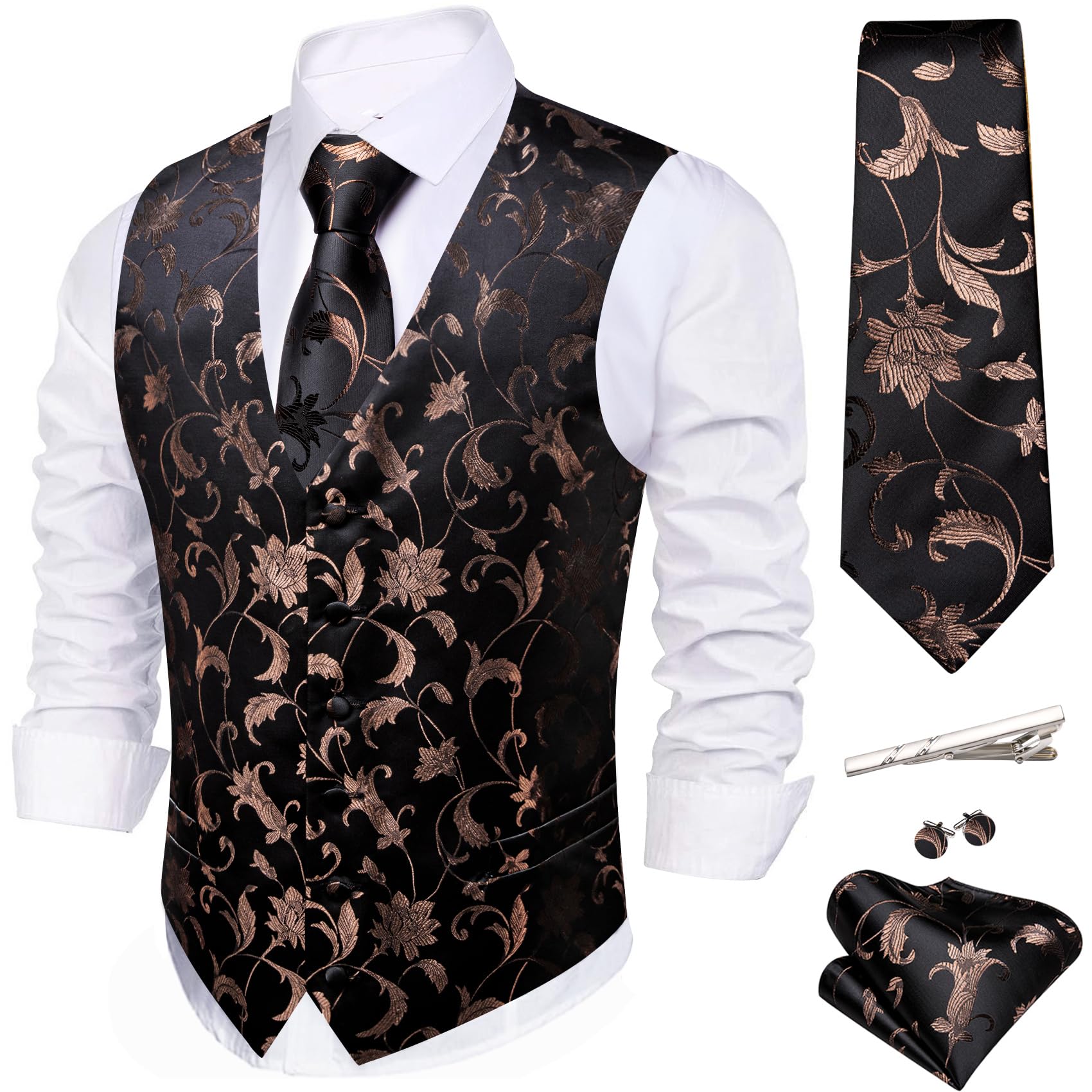 Barry.Wang Mens Suit Vest Floral Silk Waistcoat Ties Formal/Leisure 5PCS