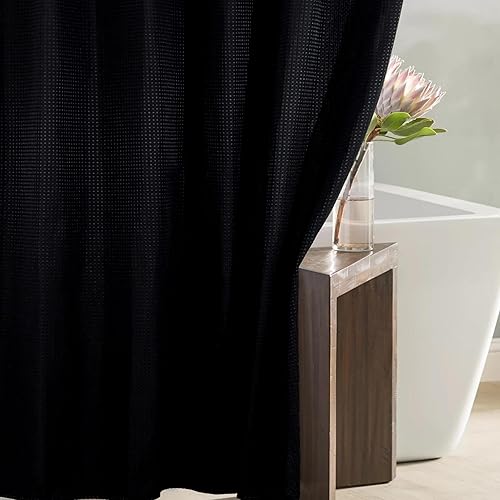 Cortina de ducha negra con tejido de gofre: cortinas de ducha de tela texturizada resistente para baño, repelente al agua, 256 GSM, cortina de baño