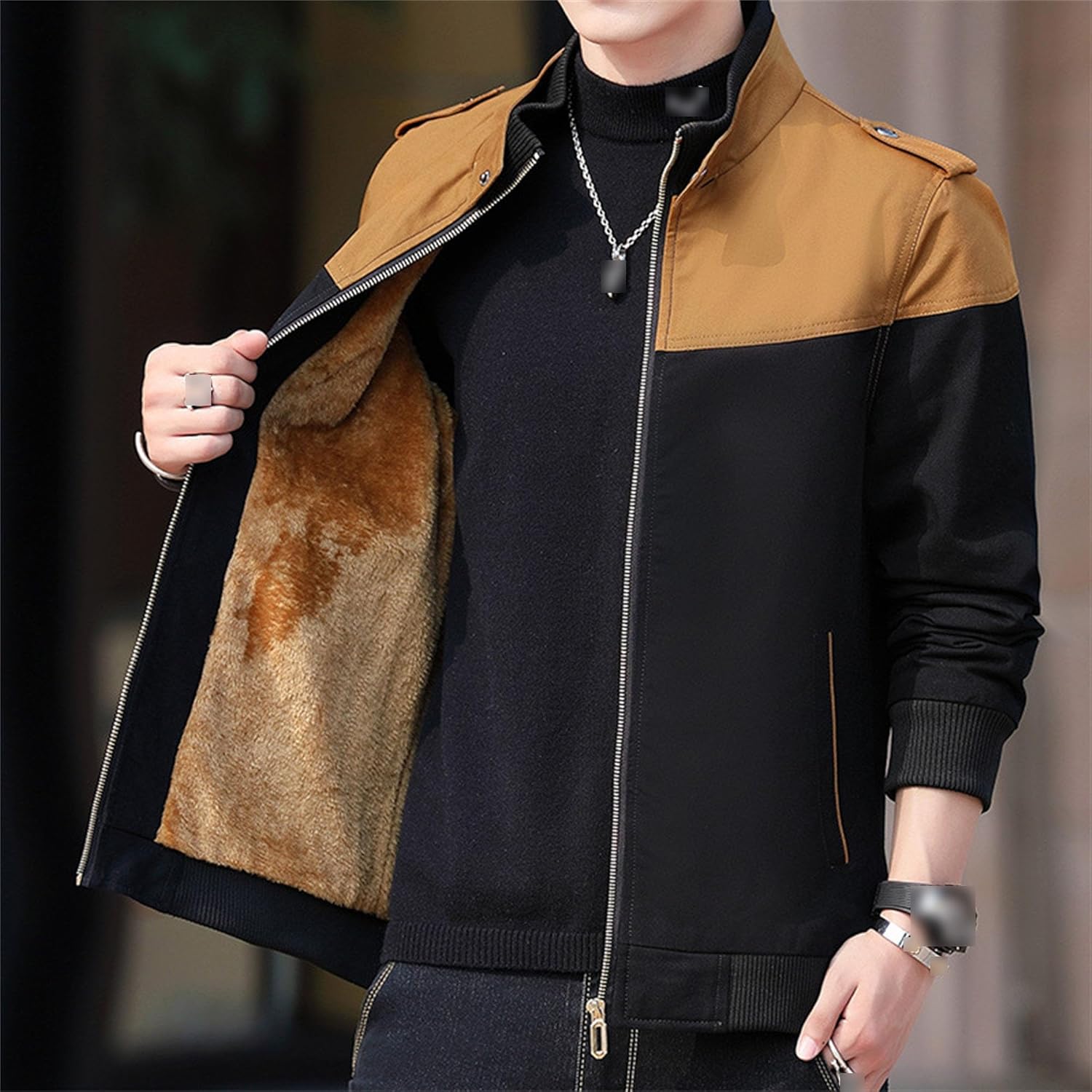 JEsilunmaMY Men's Color Block Cotton Cargo Jacket Classic Stand Collar Sherpa Jacket Fleece Lined Warm Winter Bomber Coat