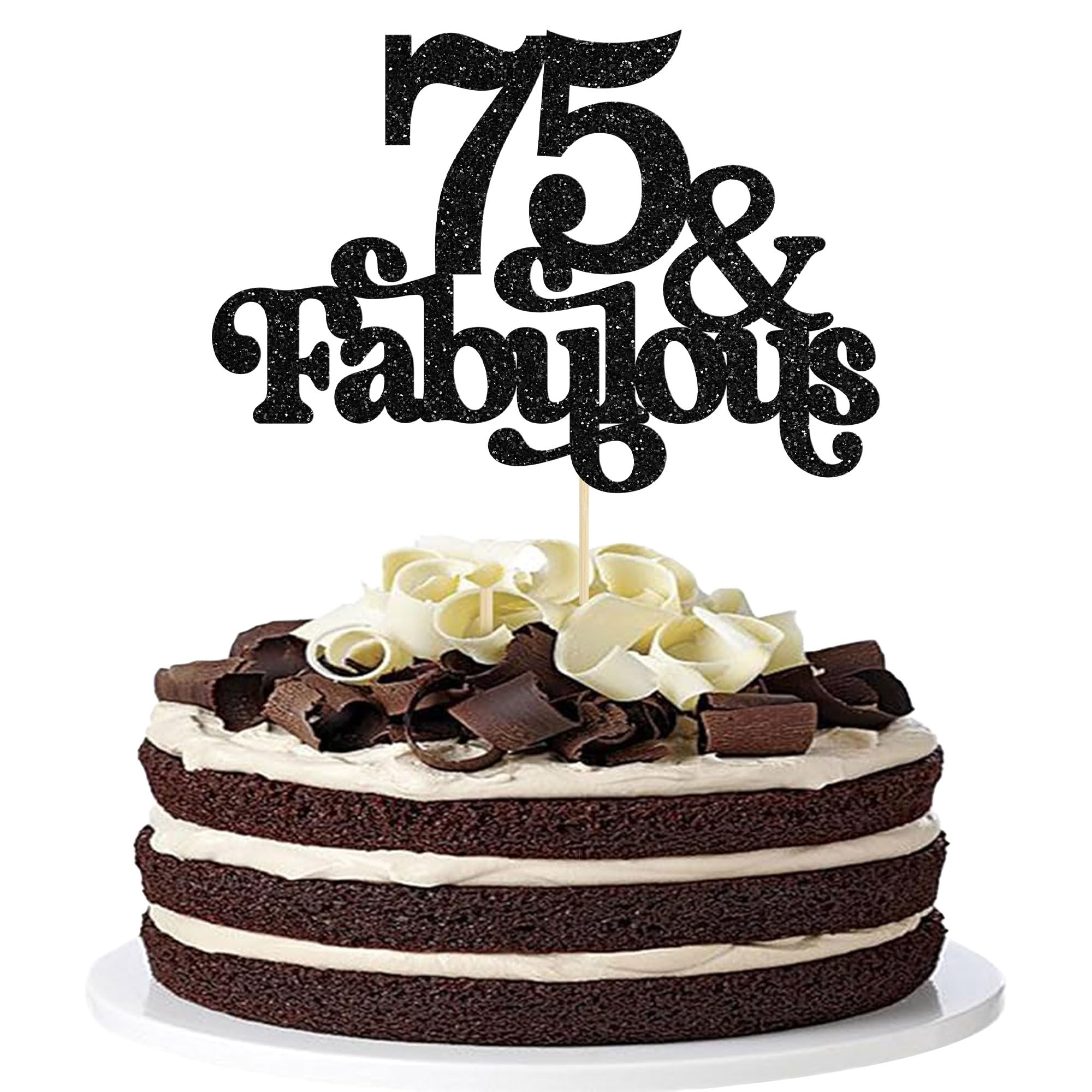 Ephlyn 1Pc 75 & Fabulous Cake Topper Glitter Seventy Five and Fabulous Cake Toppers Happy 75th Birthday Cake Pick for 75th Wedding Anniversary Birthday Party Decorations Supplies Black
