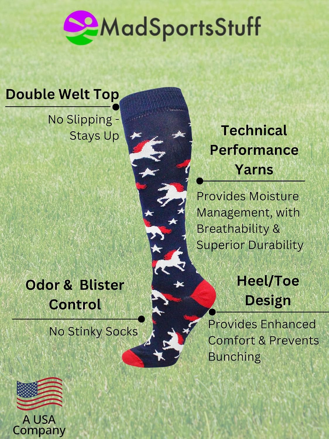MadSportsStuff USA Unicorn Socks Over the Calf (Navy/Red/White, Small) - Navy/Red/White,Small