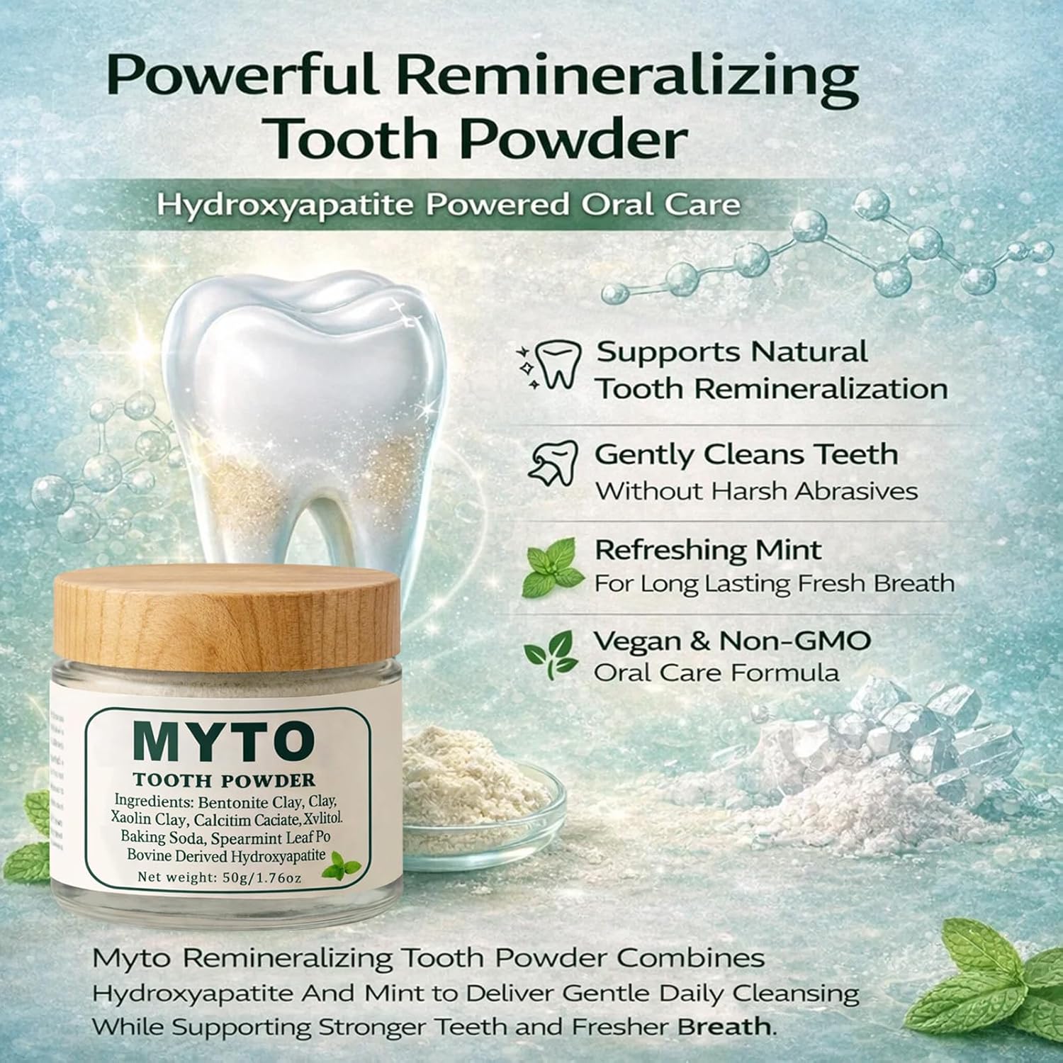 Myto Tooth Powder, Remineralizing Tooth Powder, with Mint, Hydroxyapatite, Gently Cleans, Supports Strong Teeth & Fresh Breath, Vegan, Non-GMO, 50g (1)