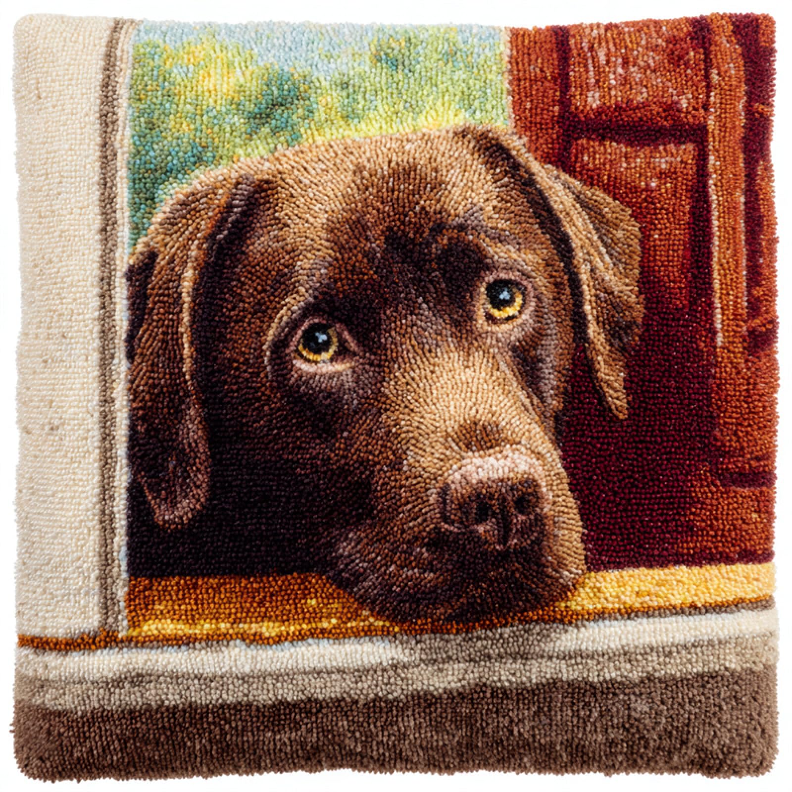 WallustrioaW Latch Hook Cushion Kit,Labrador Retriever on the windowsill,Sofa Cushion Cover Latch Hook Craft 43x43cm,DIY Embroidery Pillow Cover for Christmas/Gifts,17x17inch