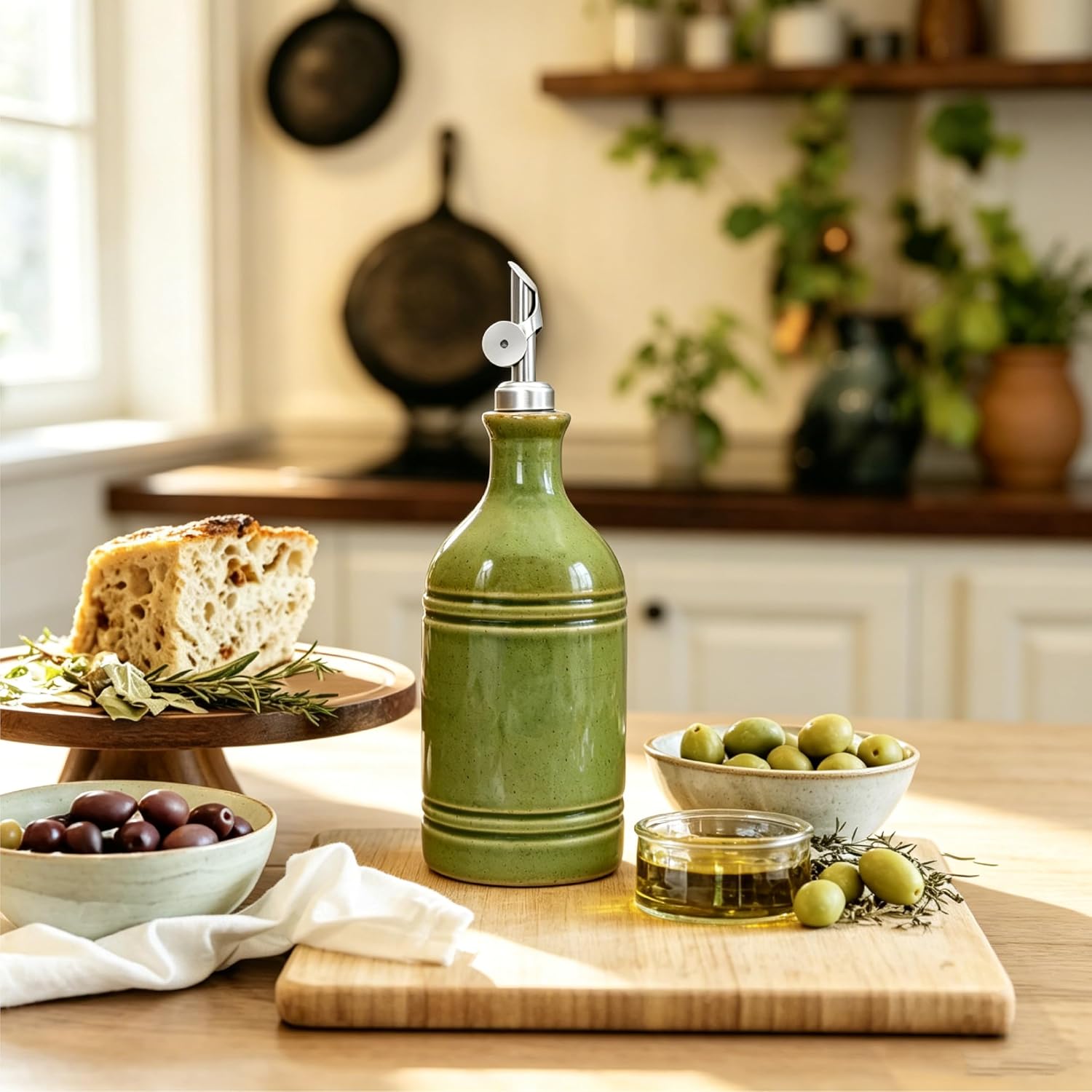 24 oz Ceramic Olive Oil Dispenser Bottle with Stainless Steel Gravity Spout Farmhouse Kitchen Oil Cruet (Green, 1 Pack)