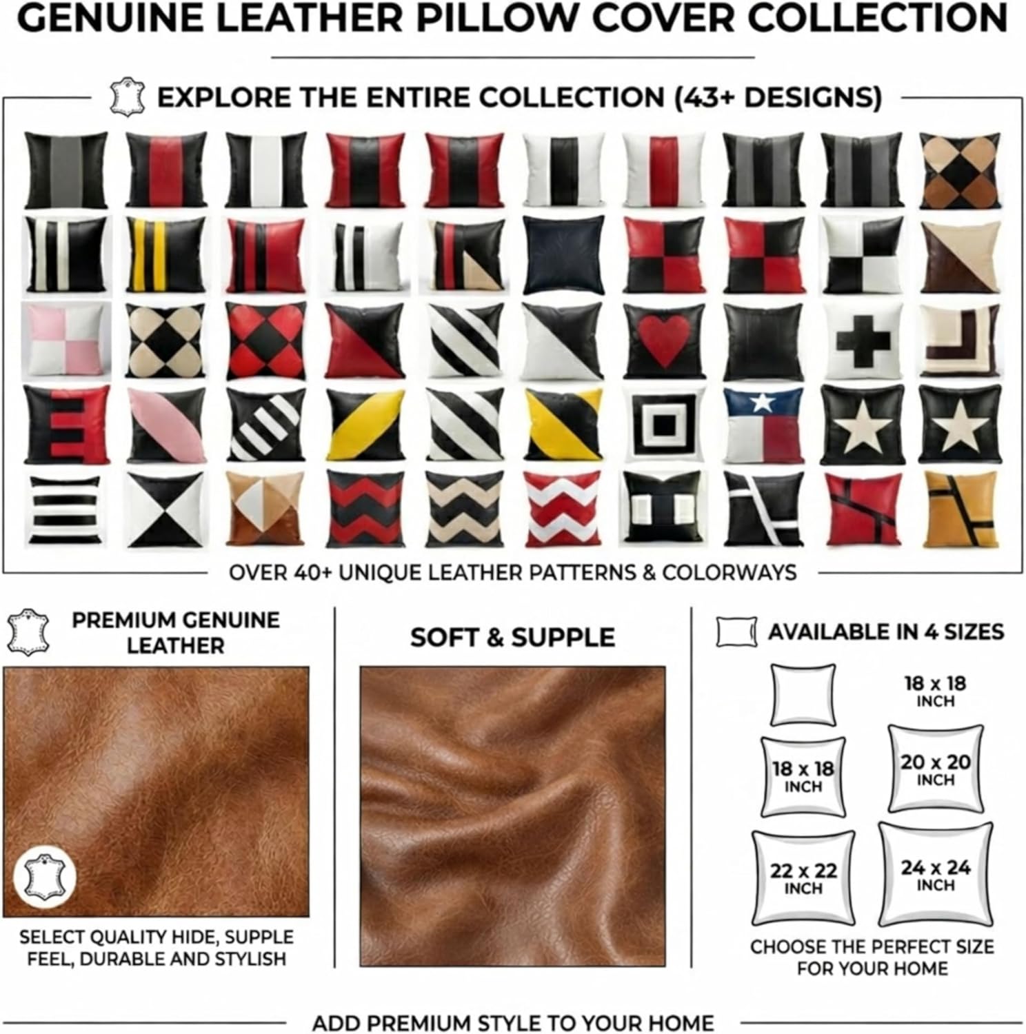 Genuine Leather Pillow Cover Case for Lumbar Throw Couch Pillows - Modern Farmhouse Sofa Thick & Soft Decorative Cushion Covers (Black, 12" x 20")