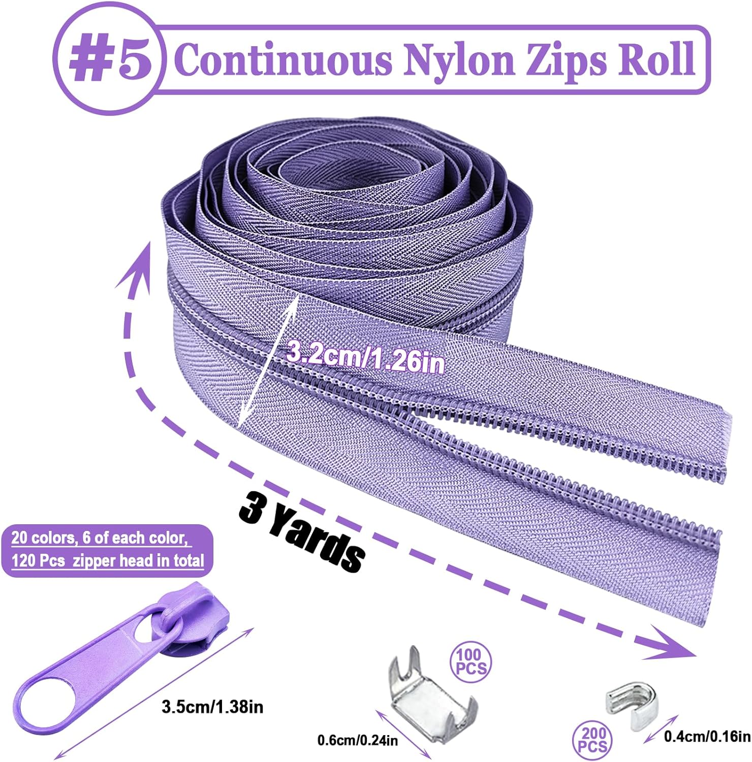 #5 Nylon Coil Zipper Tape for Sewing 60 Yards 20Pcs Sewing Zippers Bulk with 120 Metal Zipper Slider 100 Bottom Stop and 200 Top Stop for DIY Tailor Bags Purses Craft