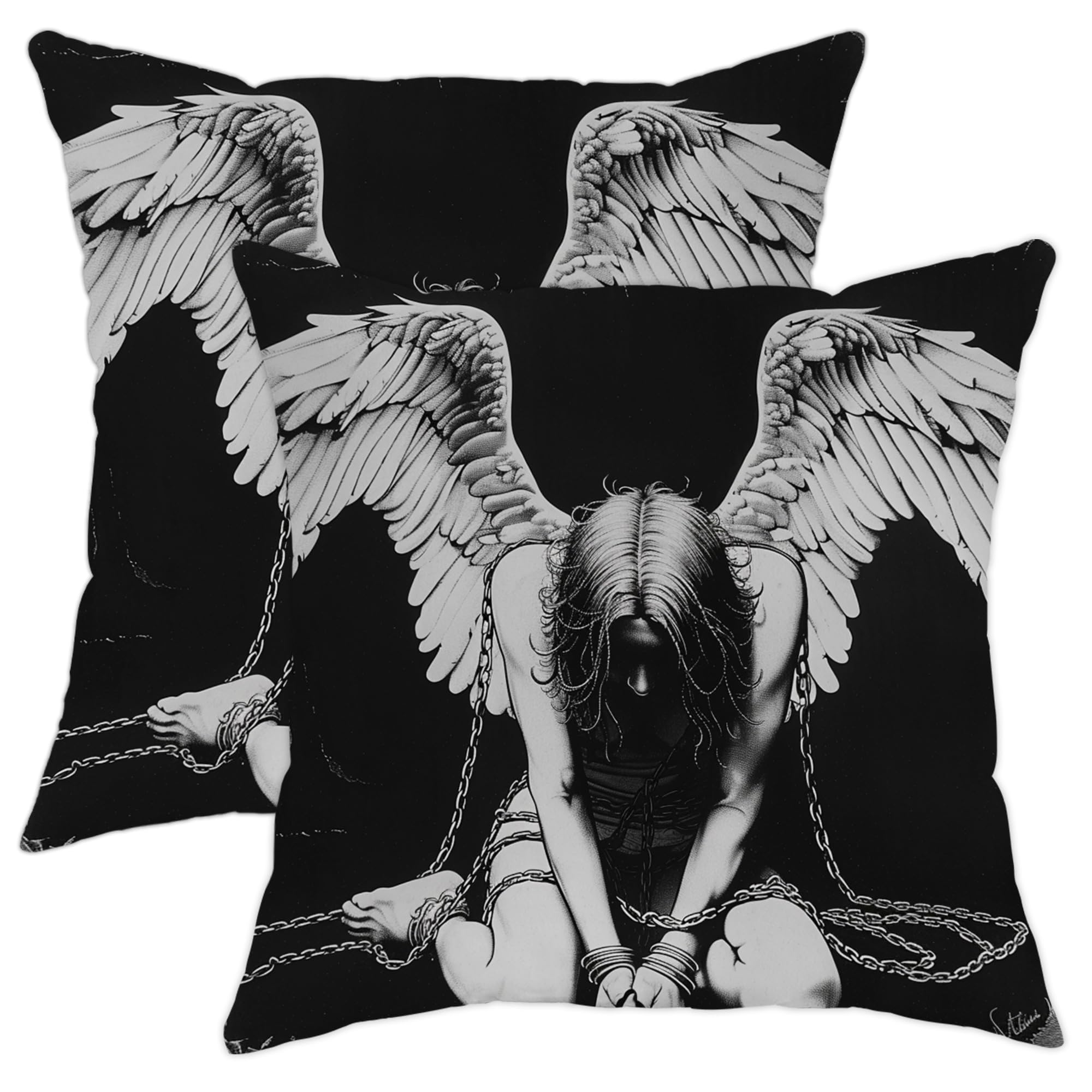 Angel Wings Gothic Pillow Covers Set of 2, Black White Fallen Angel Decorative Throw Pillows Case, Seasonal Home Decor Couch Cushion Covers for Halloween 18x18 Inch