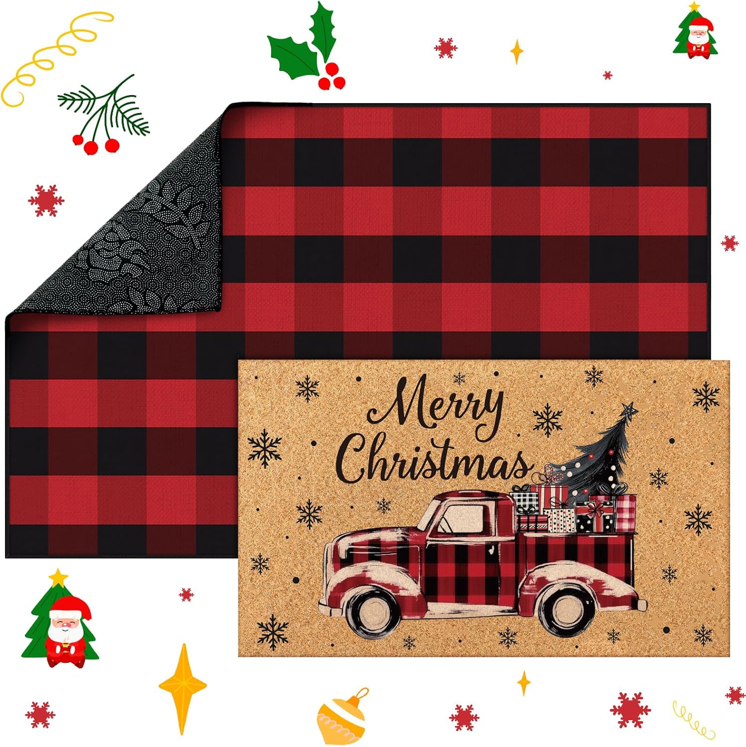 Fourluoo 2 Pcs Christmas Front Porch Rug Buffalo Plaid Christmas Door Mat Imitation Coco Coir Red Truck Xmas Welcome Layering Rug for Outdoor Winter Home Festival Holiday Decor, 28 x 43 Inch
