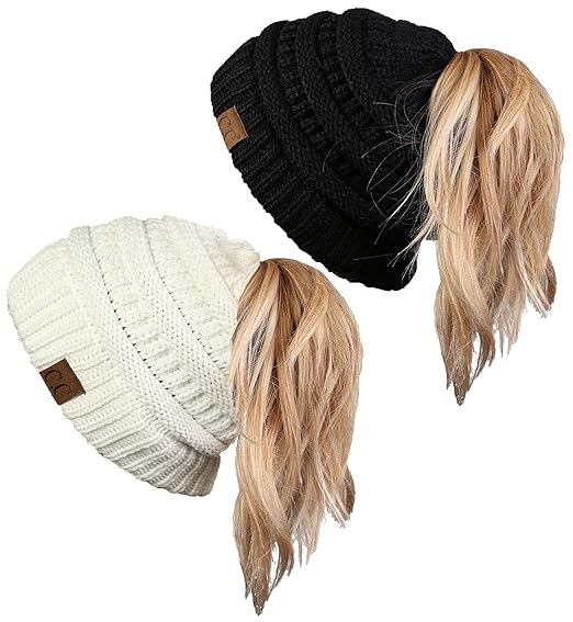 Funky Junque Ponytail Messy Bun BeanieTail Womens Beanie Solid Ribbed Hat Cap