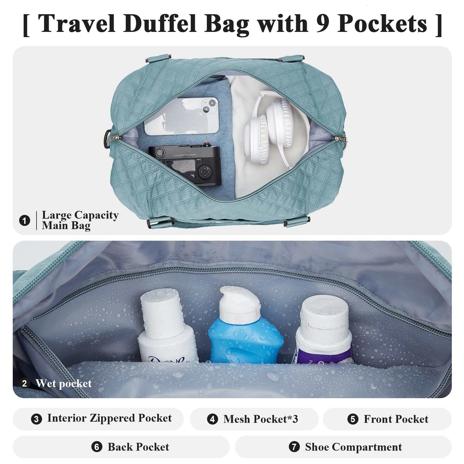 Borsone da Viaggio Donna, Bagaglio a Mano Borsa da Viaggio con Scomparto per le Scarpe, Borsa Sportiva Borsone da Palestra Grande, Borsa da Weekend, Borsa per Ospedale,H2-Blu chiaro