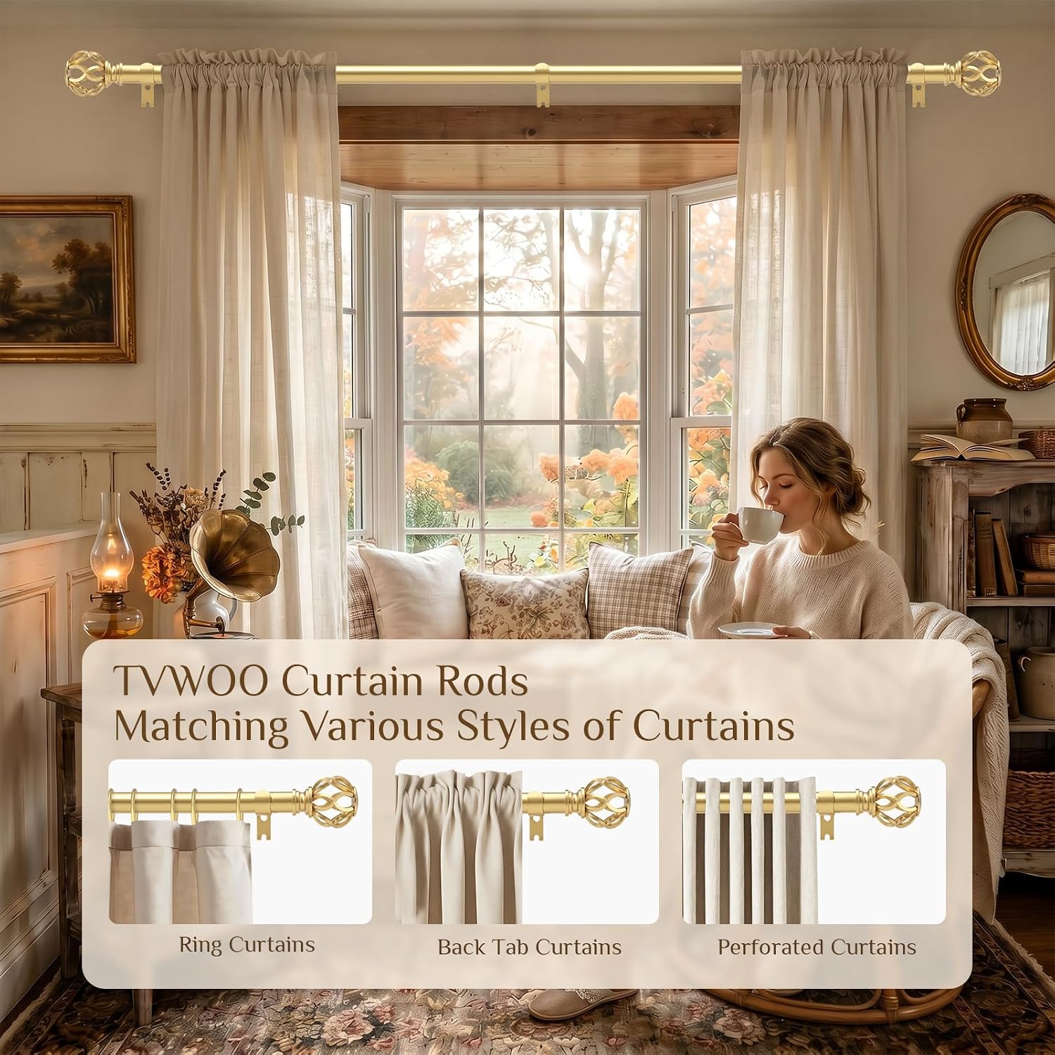 TVWOO Gold Decorative Farmhouse Curtain Rods 2 Pack:18-45" Adjustable Heavy Duty Single Window Curtain Rod for Bedroom Living Room,Gold Boho Rustic Drapery Rods with Vintage Twist Finial Easy Install image 4