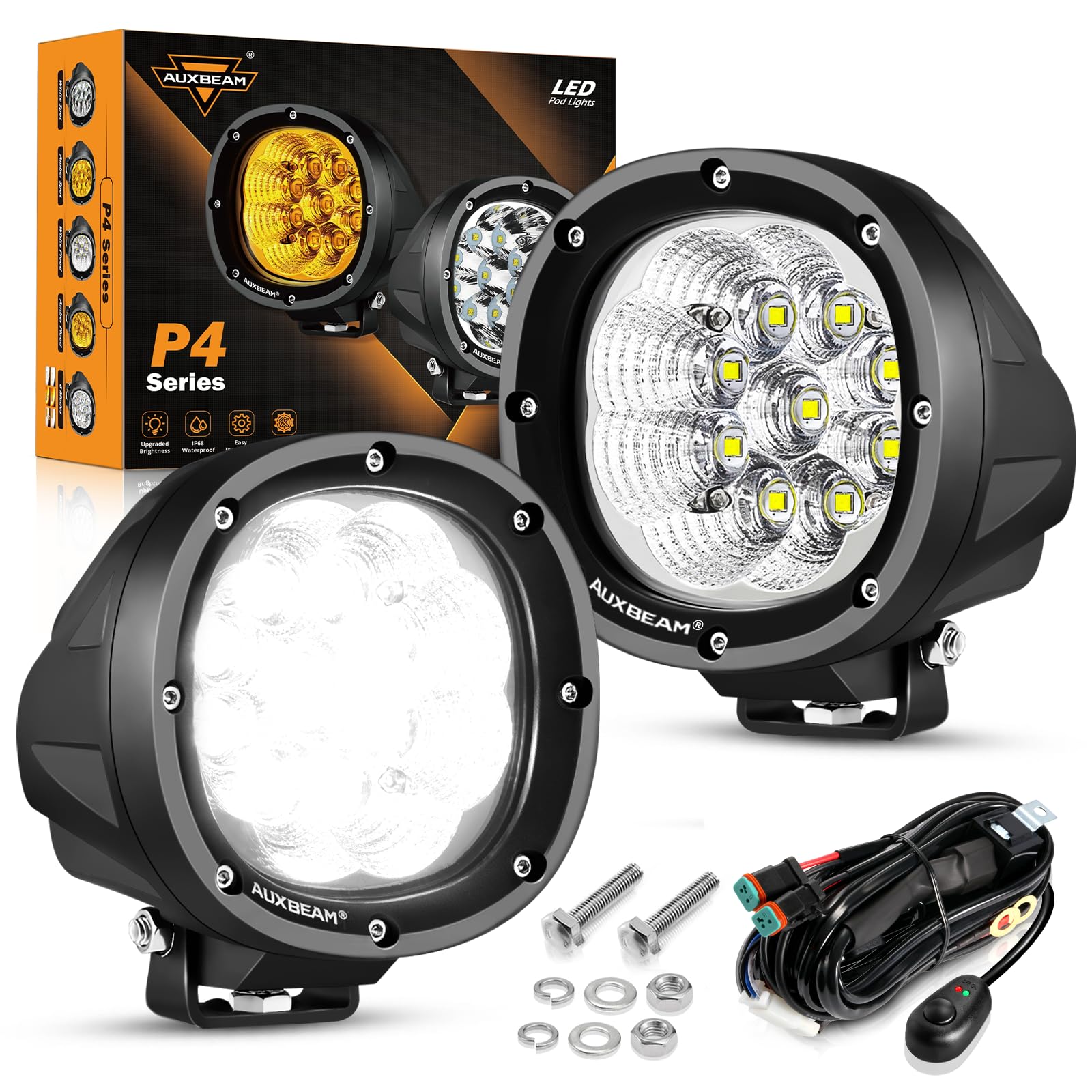 Auxbeam P4 Series 4 Inch LED Pod Lights, 90W Offroad White Flood Beam, Pair
