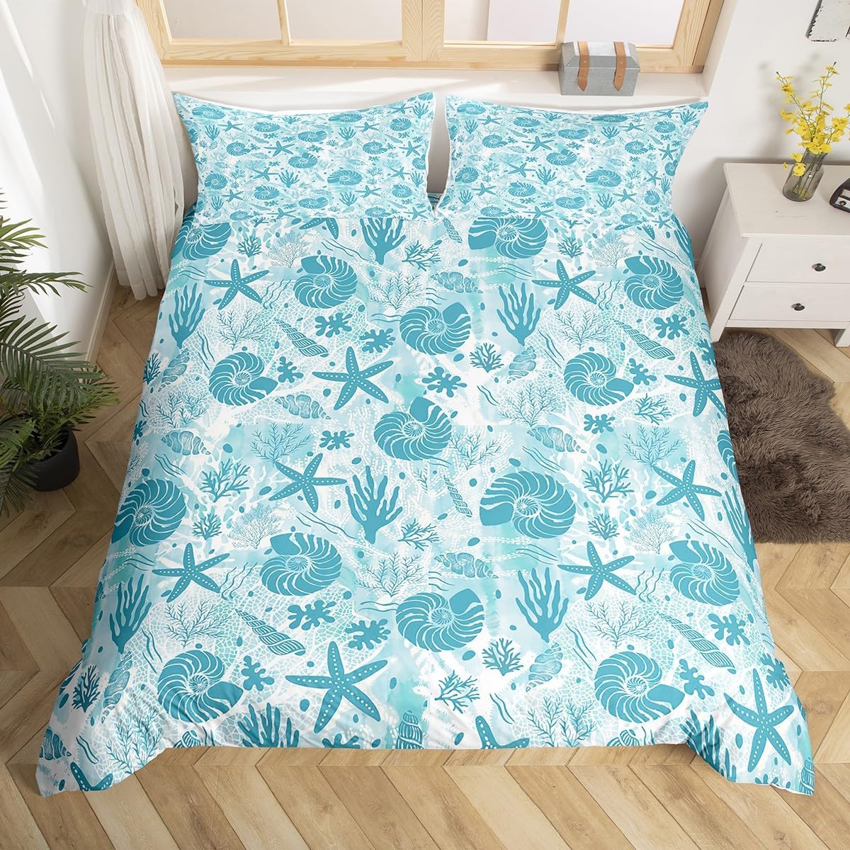 Seashell Conch Starfish Coral Duvet Cover Set Queen Size,Coastal Ocean Beach Bedding Set 3Pcs,Underwater Life Print Comforter Cover Navy Blue Tie Dye Quilt Cover for Kids Teens Adult Bedroom Decor