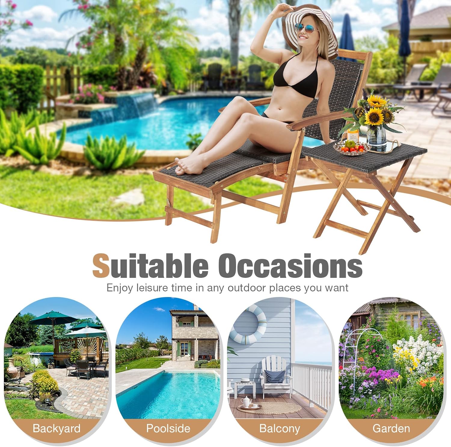 RELAX4LIFE Patio Lounge Chair Set - Outdoor Acacia Wood Chaise Lounge w/Side Table, Armrest & Retractable Ottoman, Rattan Seat, Tabletop, Quick Folding Sunbathing Chair for Backyard, Poolside (2)