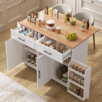 Kitchen Island Freestanding with Folding Worktop Kitchen Cabinet Kitchen Trolley on 5 Wheels with Shelf and 2 Drawers for Dining Room 129 x 71 x 91.5 cm White