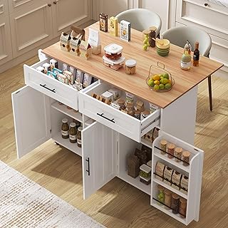 Desserte îlot de Cuisine sur roulettes, Meuble de Cuisine avec Plans de Travail Rabattable, Porte-torchons, 2 Tiroirs, 3 Portes avec Rangement (1 avec étagère Range), 129x71x91,5cm, Blanc