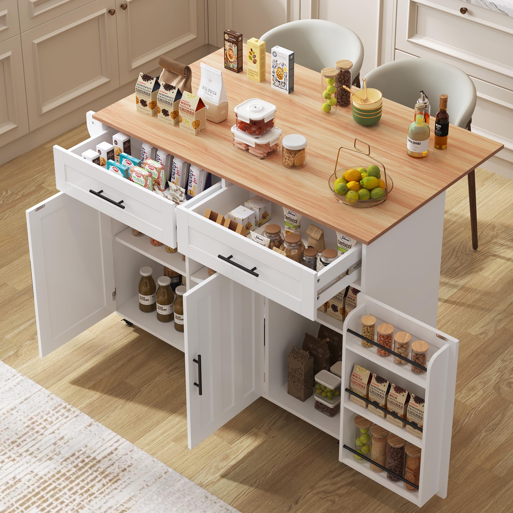 Sapgaks Desserte îlot de Cuisine sur roulettes, Meuble de Cuisine avec Plans de Travail Rabattable, Porte-torchons, 2 Tiroirs, 3 Portes avec Rangement (1 avec étagère Range), 129x71x91,5cm, Blanc