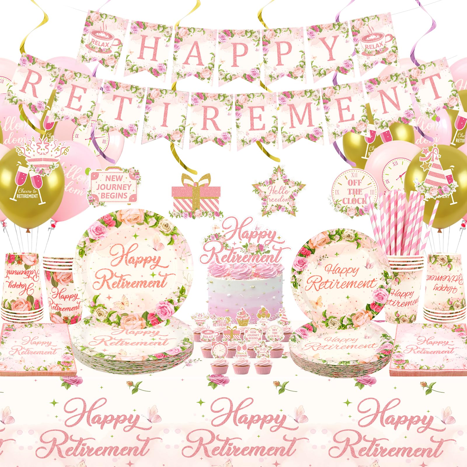 Obussgar Floral Retirement Party Decorations - Pink Retirement Party Supplies including Banner, Plate, Cake Topper, Cup, Napkin, Tablecloth - Serves 20 (LQ)