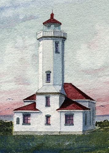 Point Wilson Faro, Puget Sound, puerto Townsend, Washington. Matted Watercolor Art Prints