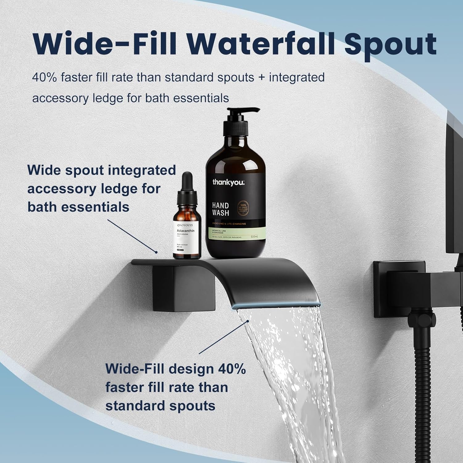 Wall Mount Waterfall Tub Faucet with Hand Shower,Roman Bathtub Tub Filler shower faucet set with Run all/alone Control Push-Button Diverter Solid Brass Pressure Balance Valve,Matte Black