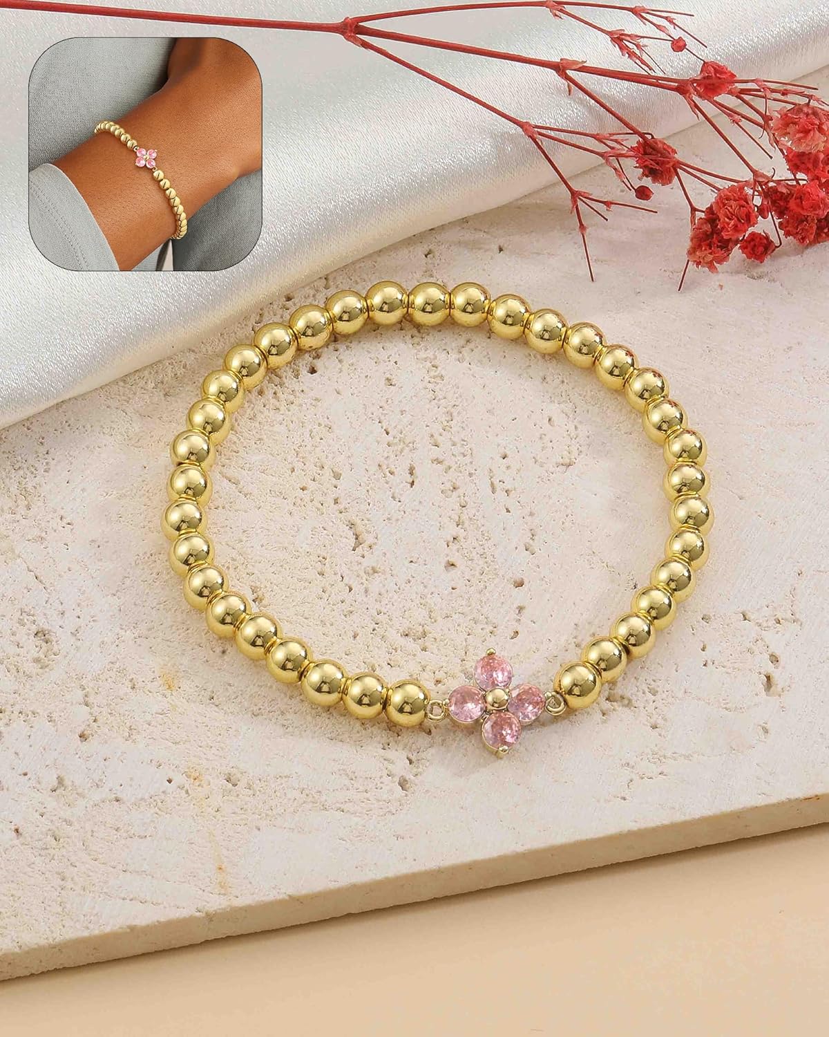 Birthstone Gold Bracelets for Women Trendy Clover Charm Bracelets Non Tarnish 14K Gold Plated Stretch Beaded Friendship Bracelets Womens Jewelry Valentine's Day Gift - Image 5