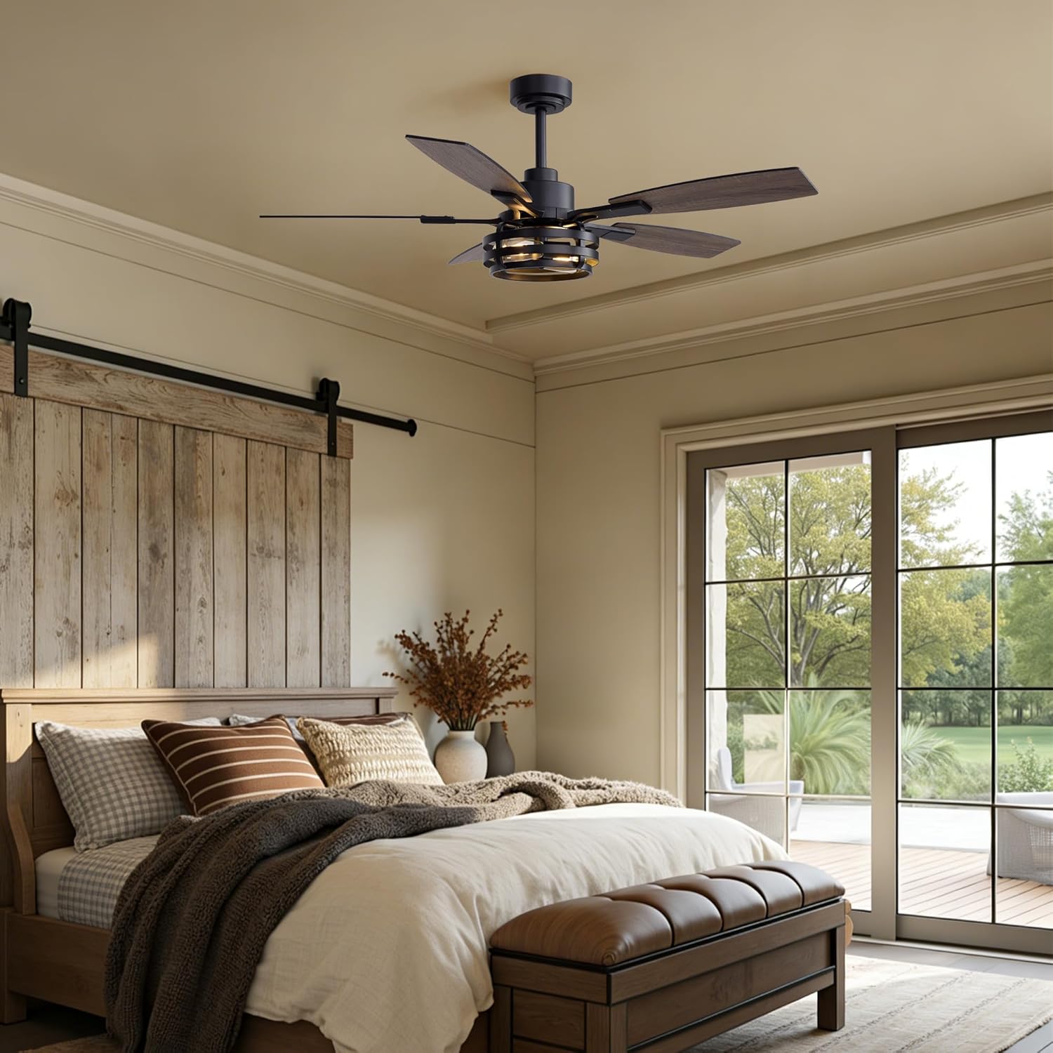 SNZ Farmhouse Ceiling Fan with Lights 52 Inch, Rustic Wood Ceiling Fan with Remote Control, Quiet Reversible Motor, LED Dimmable Fandelier for Living Room, Bedroom, Dining Room