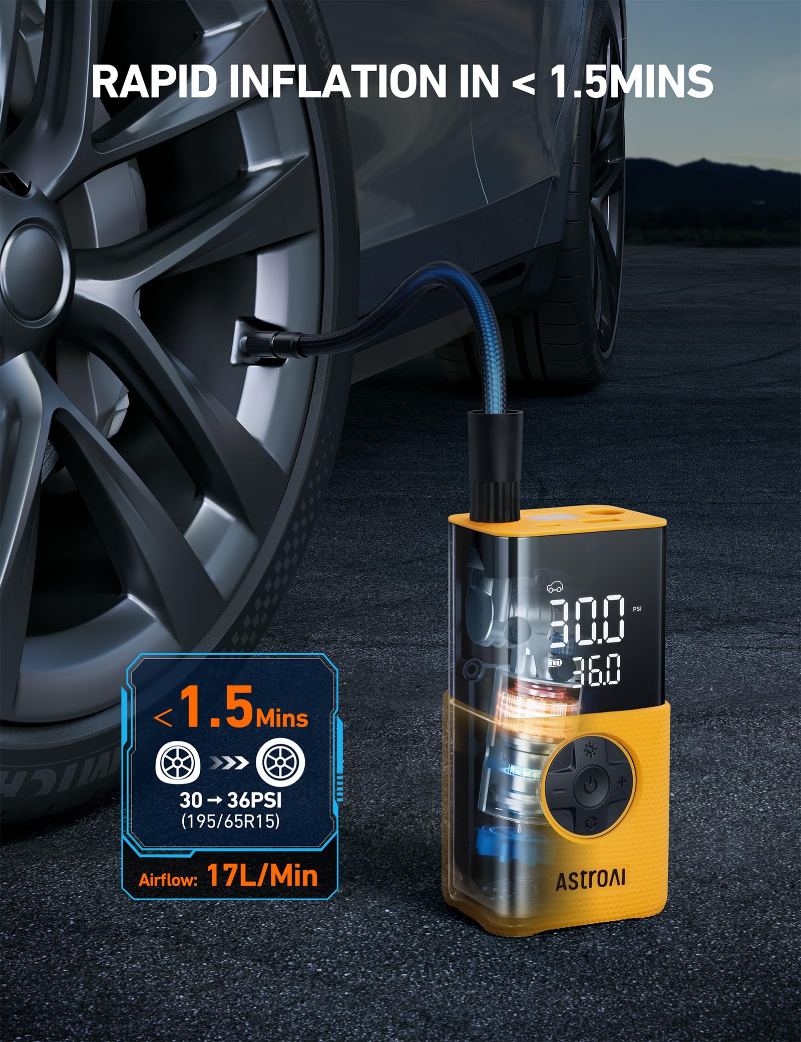 AstroAI L7S Tire Inflator Portable Air Compressor Cordless with Digital Pressure Gauge, 150 PSI LED Light Bike Air Pump with Fast Inflation & Auto view 4