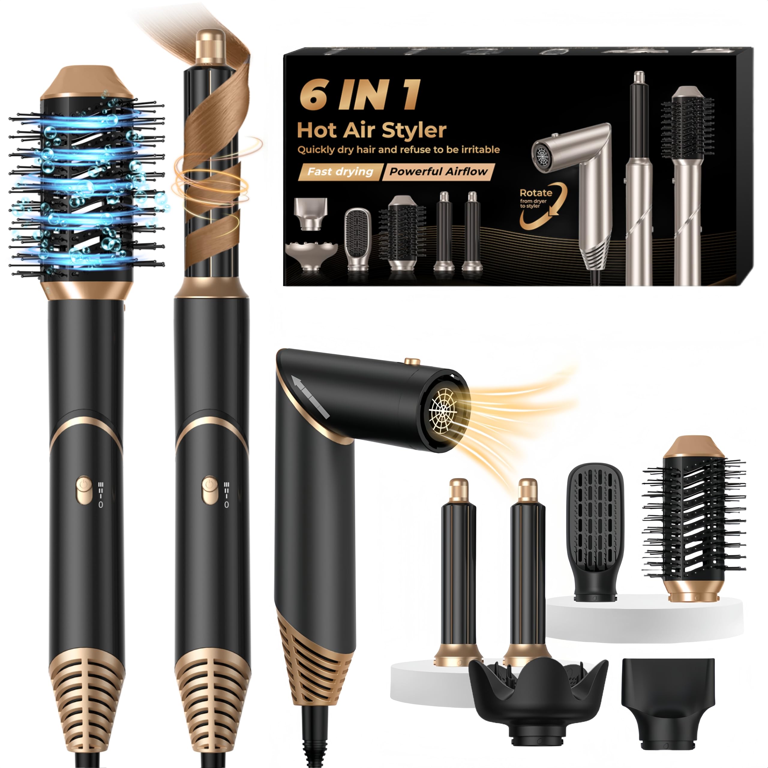 Air Styler 6 en 1 Air Brush Brosse Chauffante Brushing & Sèche-Cheveux avec Diffuseur Brosse Soufflante Airstyler Boucleur a Cheveux à Air Brosse à Lissante Ensemble Airbrush Coiffure Femmes, Noir