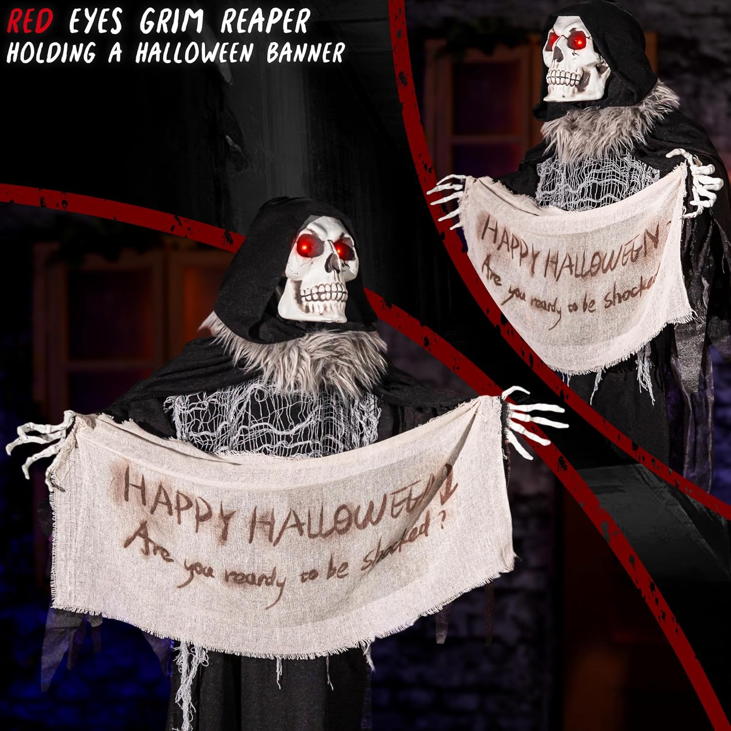 Halloween Animatronics 5ft Hanging Grim Reaper, 60in Animated Skeleton Decorations with Banner, Sound Activated, Creepy Voice, Spooky Skull, Light Up Eyes, Scary Move, Horror Prop for Indoor, Outdoor