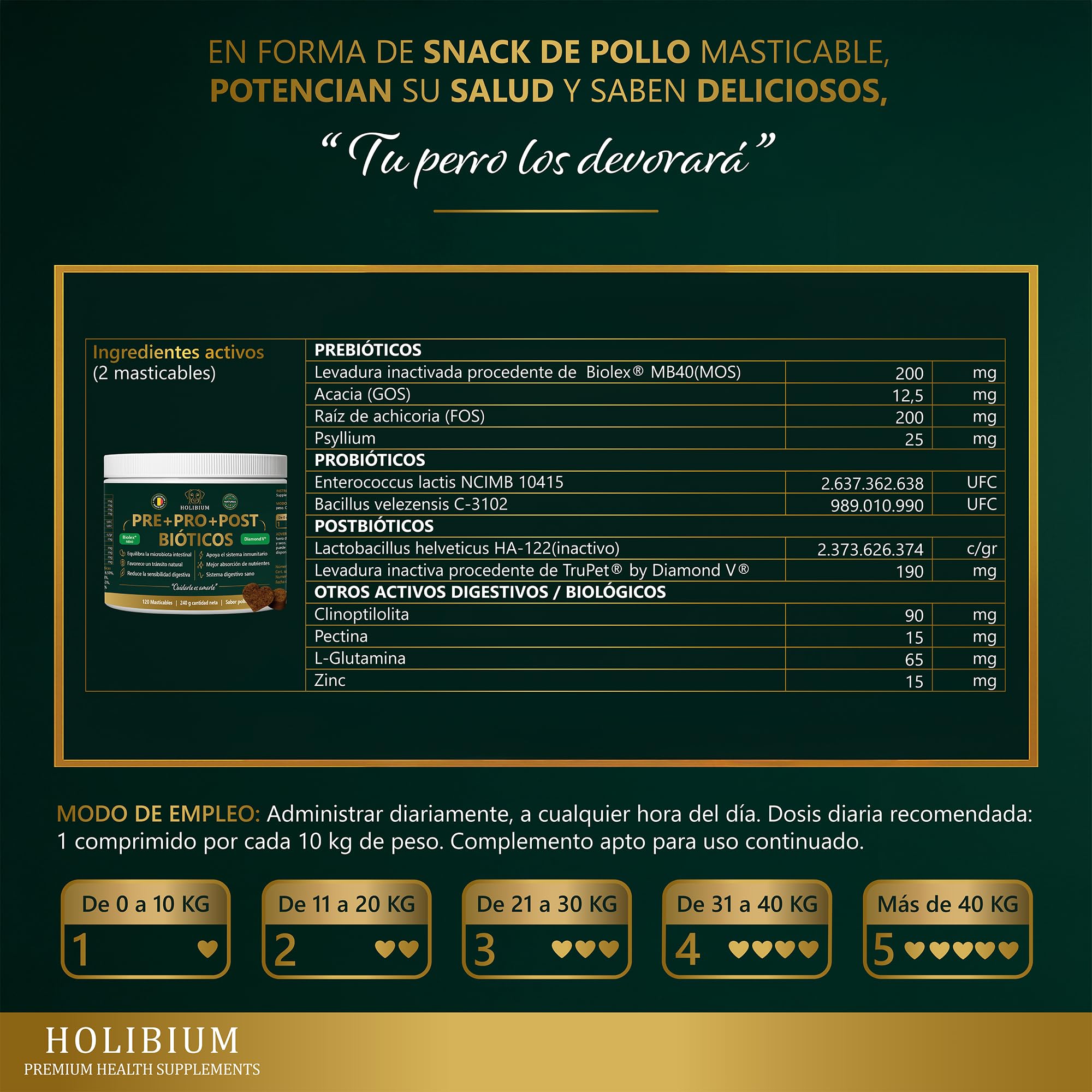 HOLIBIUM Probioticos Perros, 120 uds, Prebióticos, Postbióticos y Probióticos Naturales, Mejora Digestión, Diarrea y Heces Blandas, Suplemento Digestivo Canino para la Flora Intestinal, Sabor Pollo — view 9