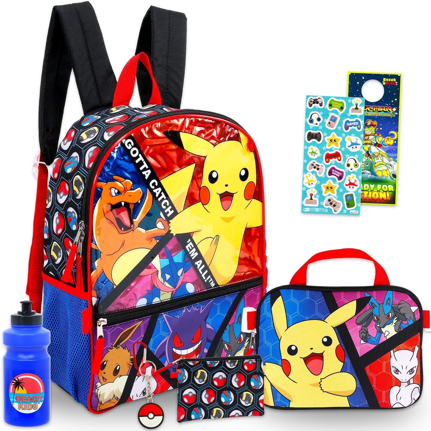 Pokemon Backpack Set - Bundle with 16" Backpack, Utility Bag, Water Bottle, Pencil Case, More | Pokemon School Bag for Kids