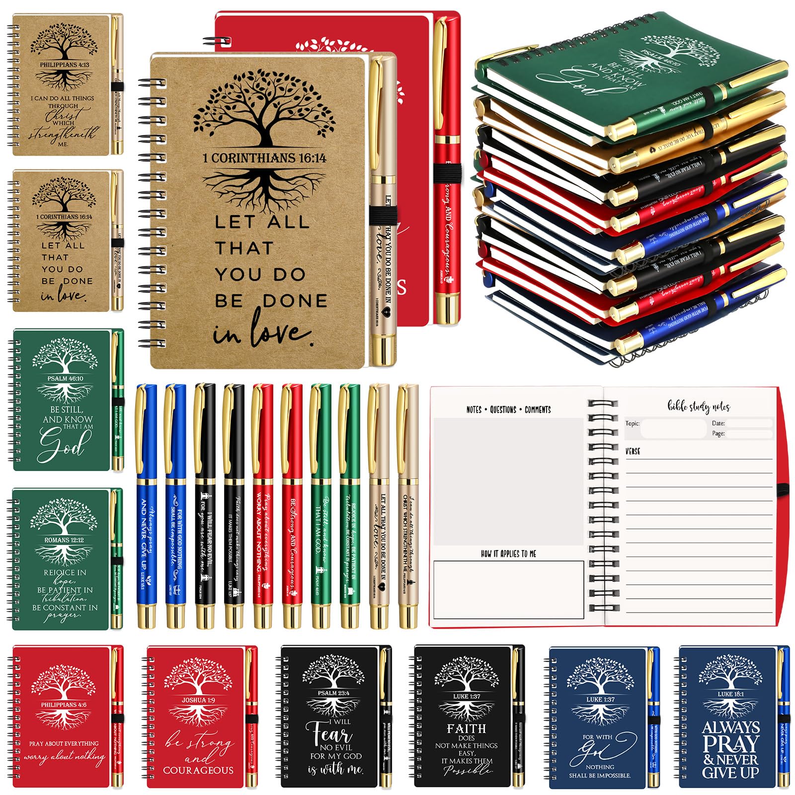 Sinload 80 Pcs/ 40 Set Religious Christian Gifts Bulk Valentines Spiral Notebooks with Bible Pen Prayer Journal Bible Verse A6 Scripture Notepad for