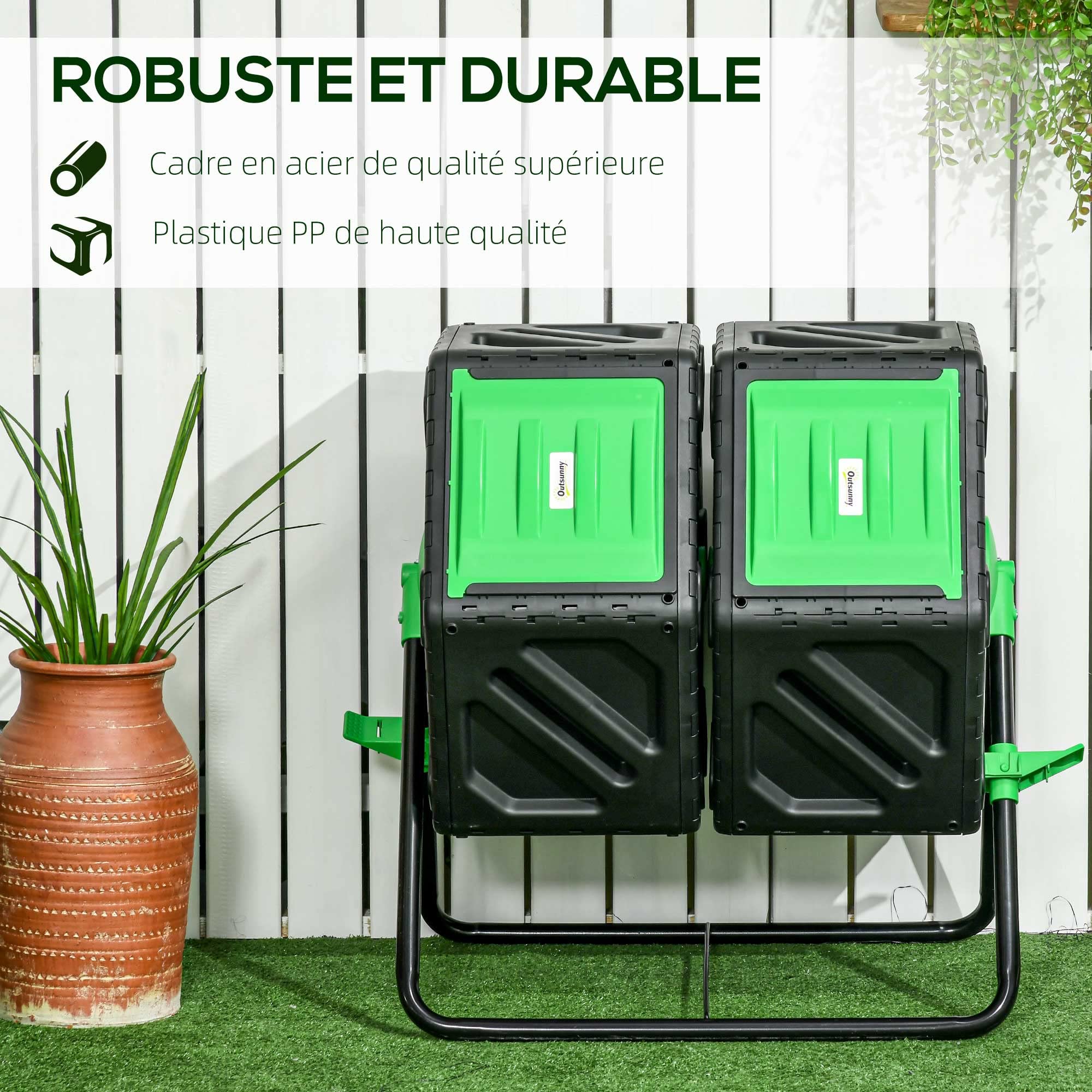 Outsunny Composteur de Jardin 130 L Rotatif 360° Double Chambre Acier PP Noir