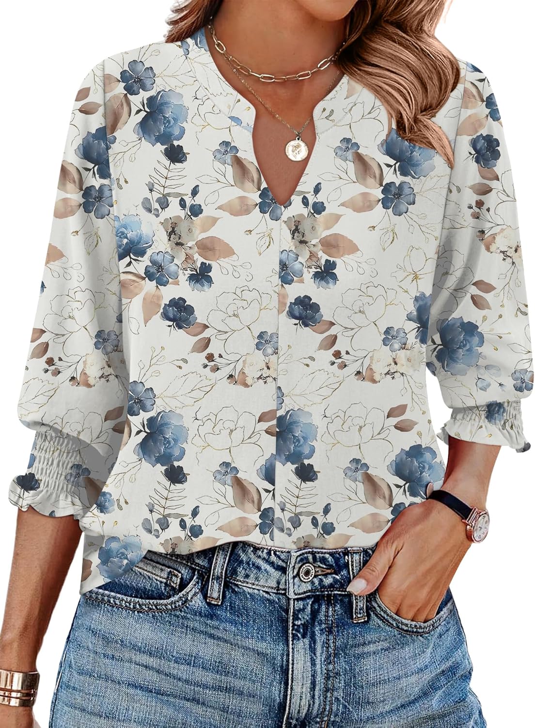 Ivicoer Blouses for Women Dressy Casual 3/4 Length Sleeve Womens Tops Trendy Spring Fall Clothes S-XXL