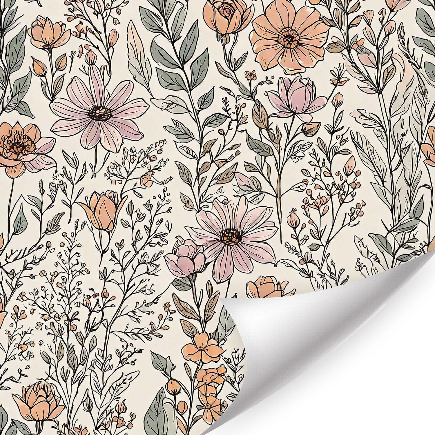 HPNIUB Selbstklebende Beige Tapete mit Rosa Blumen - Abziehbare Wasserdichte Boho Blatt Botanik Wandfolie für Badezimmer Schlafzimmer Wohnzimmer Kinderzimmer (44x300cm)