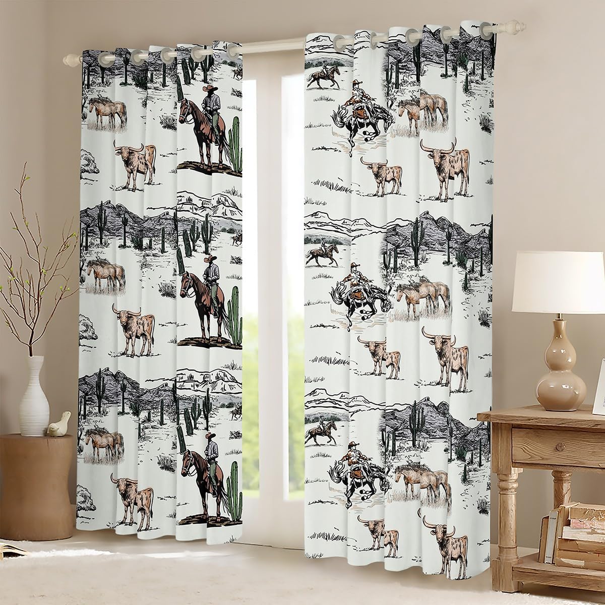 Western Cowboy Window Curtain,Vintage Southwest Style Blackout Window Treatment Desert Cactus Cow Horse Animals Curtains for Kids Boys Girls Adult Room Decor,Grey Brown White Window Drapes,52Wx90L