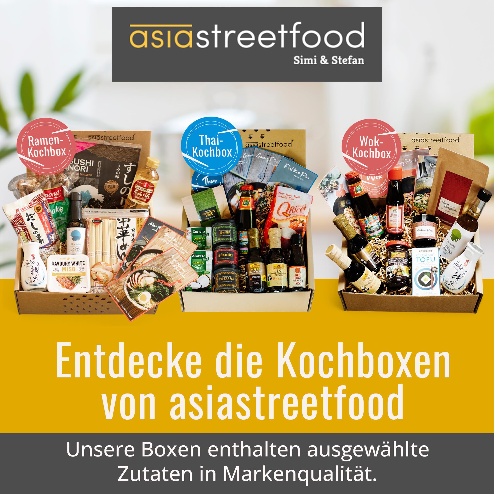 asiastreetfood Thai Curry Kochbox – Asia-Box mit Zutaten in Bio-Qualität & Rezeptkarten für 3 thailändische Gerichte – Für Pad Krapao, Rotes Curry & Tom Ka Gung – Asia-Geschenkset für Kochliebhaber