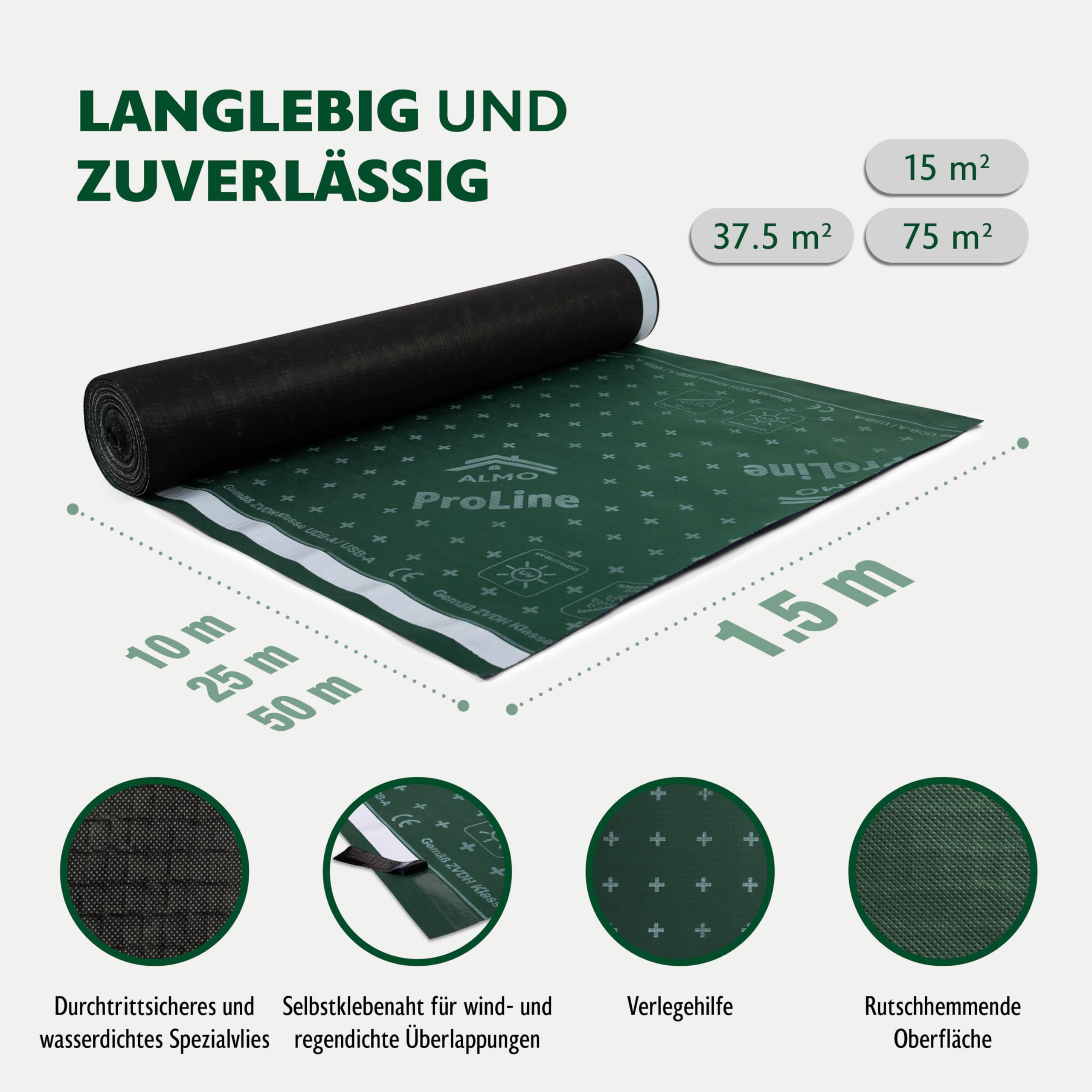 ALMO Durchtrittssichere UV Unterspannbahn 37,5m² (25m x 1,5m) 220g/m² UV-beständige wasserabweisende Unterdeckbahn diffusionsoffen gitterverstärkt